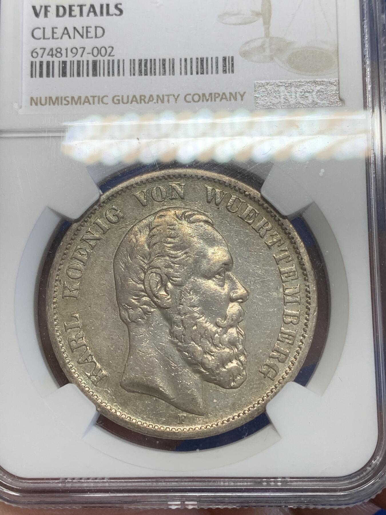 《竞宝斋》第269场- 周日，周一，周二  3场连拍 （全场包邮） NGC VF 德国 1876年 符滕堡 5马克 银币 实物很好 低评