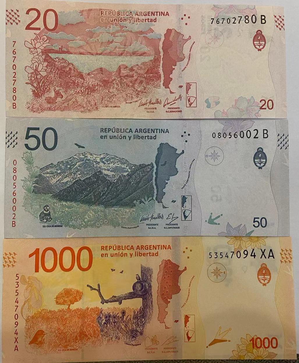 【炜奕收藏】世界精选纸币裸钞专场 阿根廷20,50,1000比索三枚，UNC品相