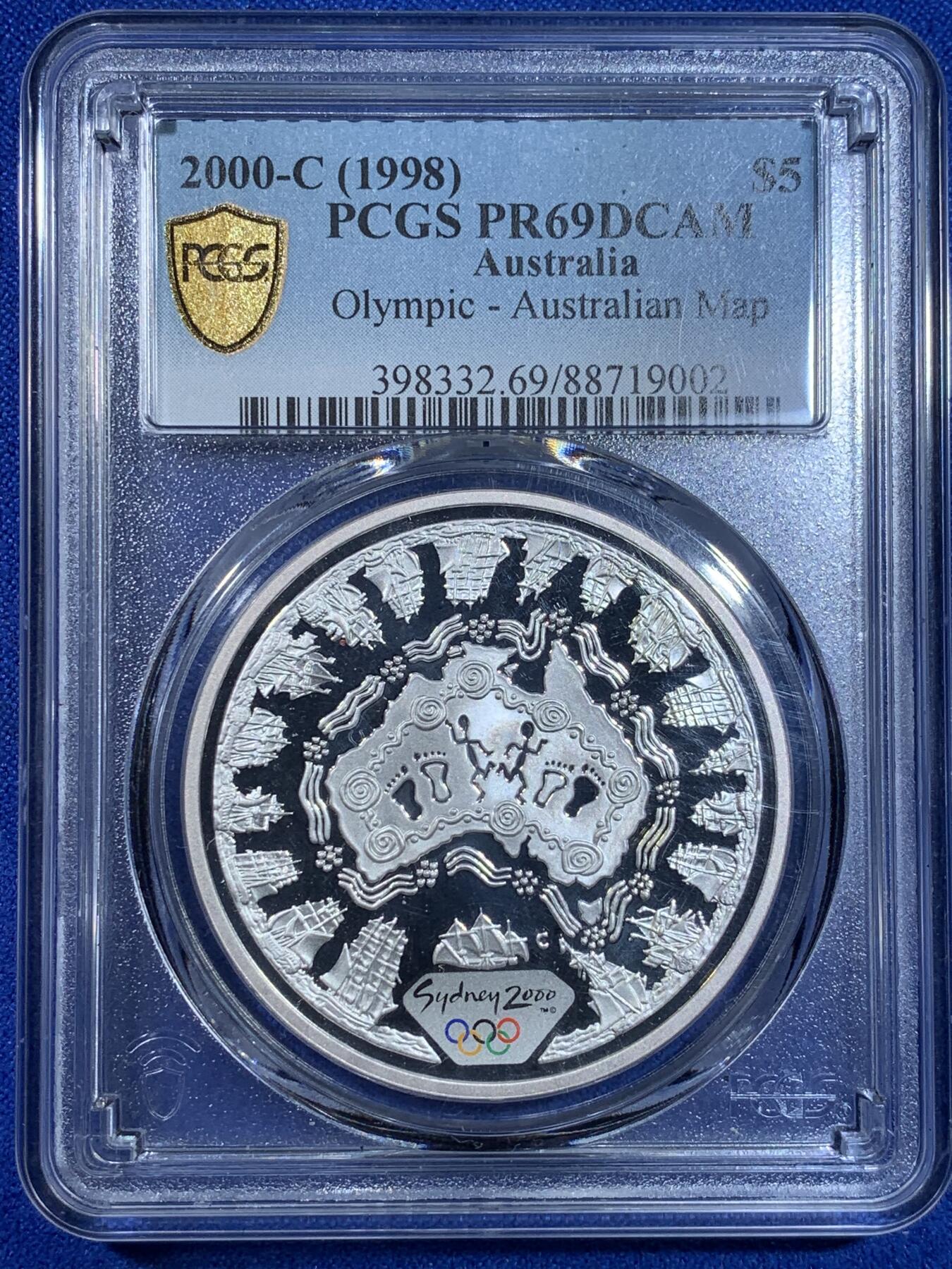 《竞宝斋》第269场- 周日，周一，周二  3场连拍 （全场包邮） PCGS PR69DCAM 澳大利亚 2000年悉尼奥运会5元彩色精制银币 澳大利亚地图
