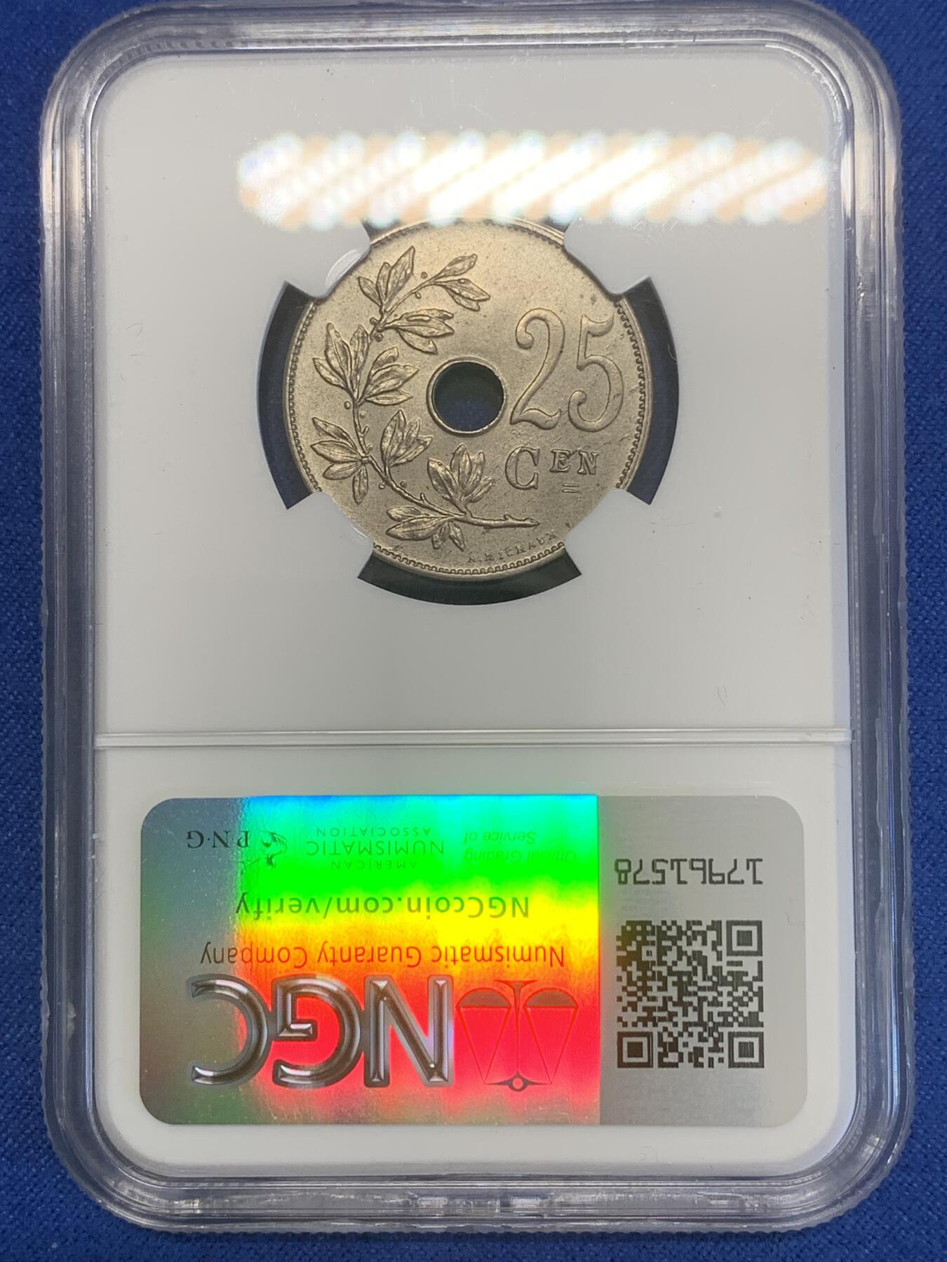 《竞宝斋》第269场- 周日，周一，周二  3场连拍 （全场包邮） NGC MS63 比利时1908年利奥波德二世25美分铜镍