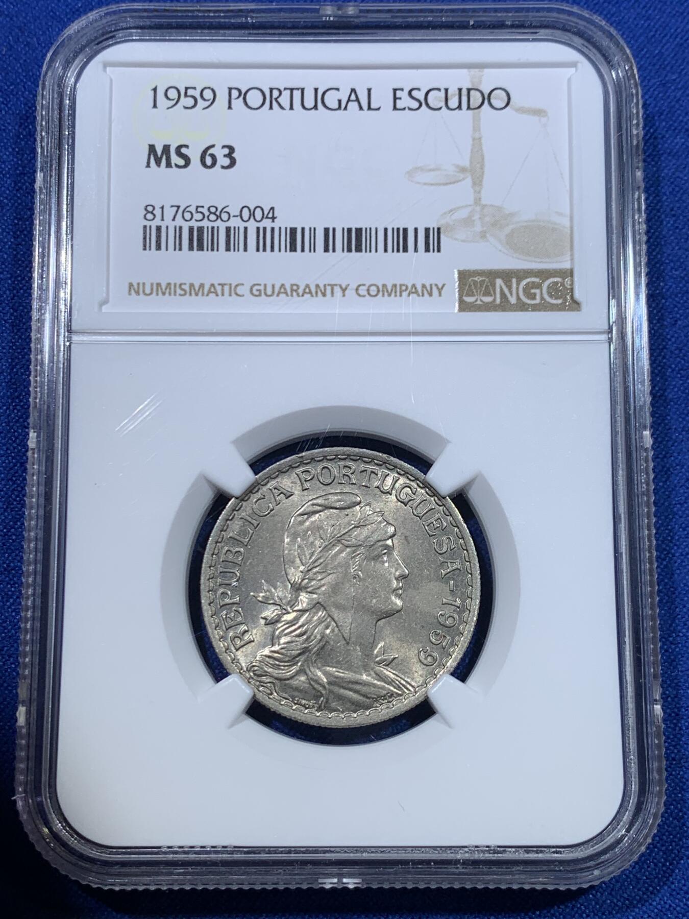 《竞宝斋》第269场- 周日，周一，周二  3场连拍 （全场包邮） 两枚一组 NGC MS65/63 葡萄牙1959年镍币 50分+1埃斯库多