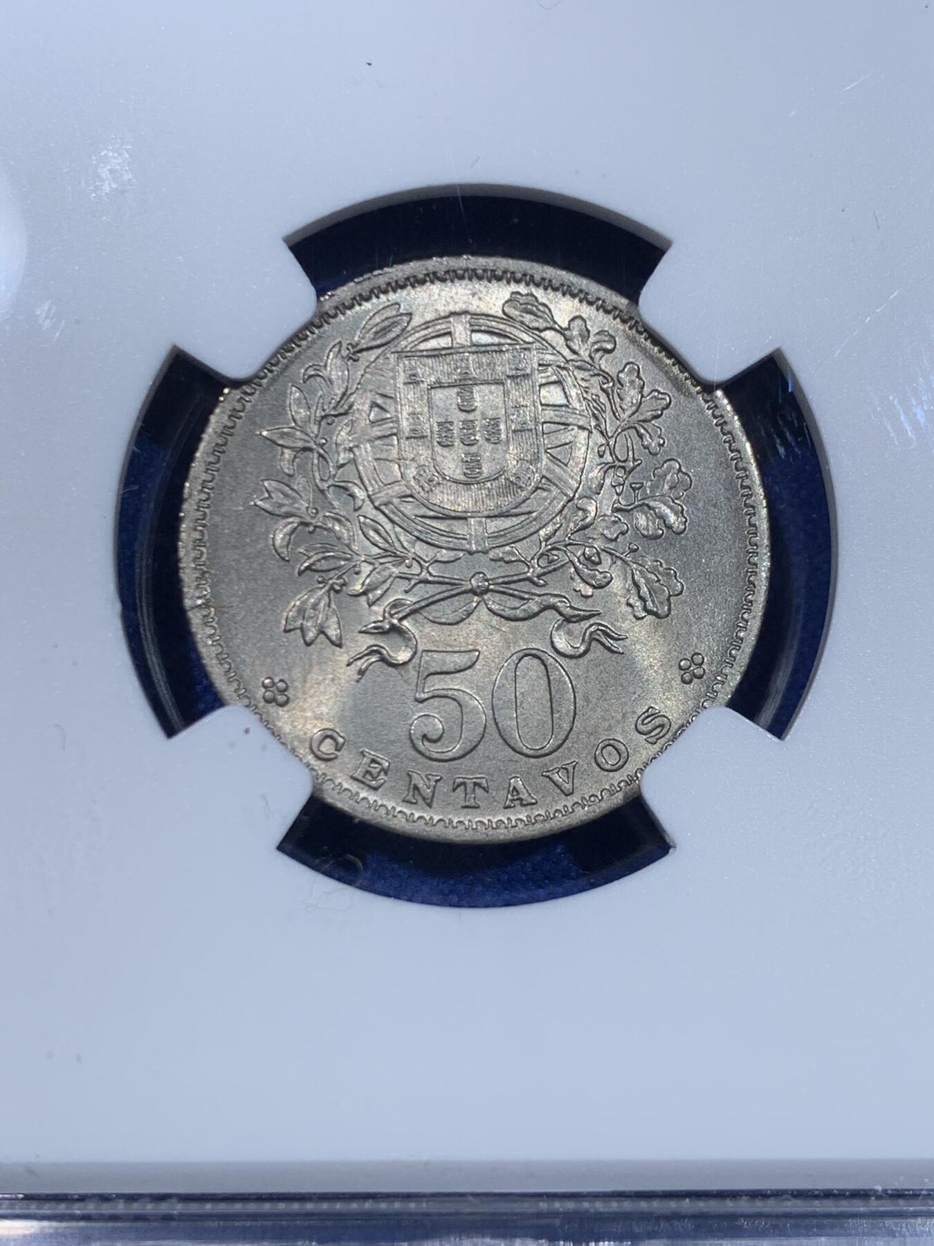 《竞宝斋》第269场- 周日，周一，周二  3场连拍 （全场包邮） 两枚一组 NGC MS65/63 葡萄牙1959年镍币 50分+1埃斯库多