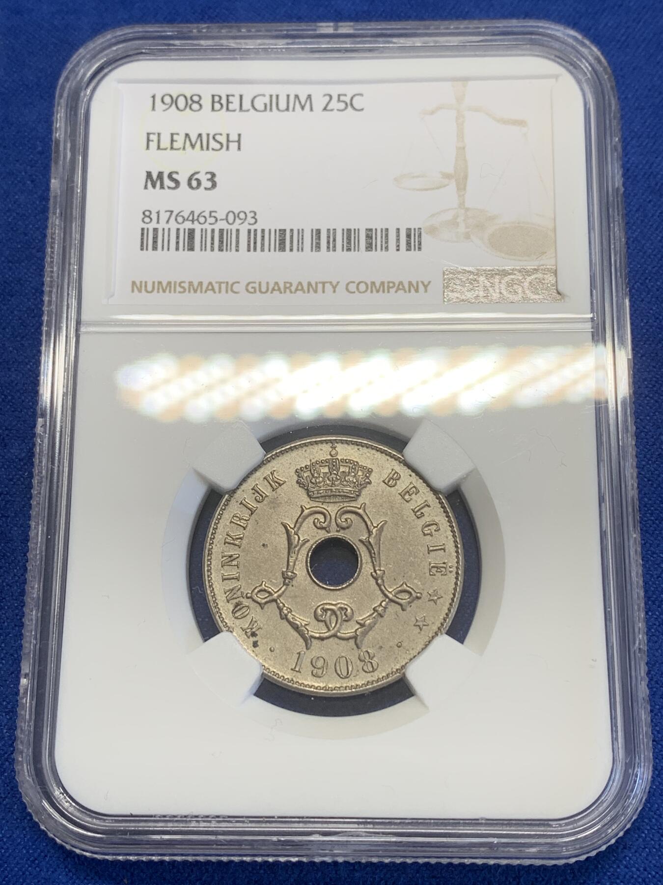 《竞宝斋》第269场- 周日，周一，周二  3场连拍 （全场包邮） NGC MS63 比利时1908年利奥波德二世25美分铜镍