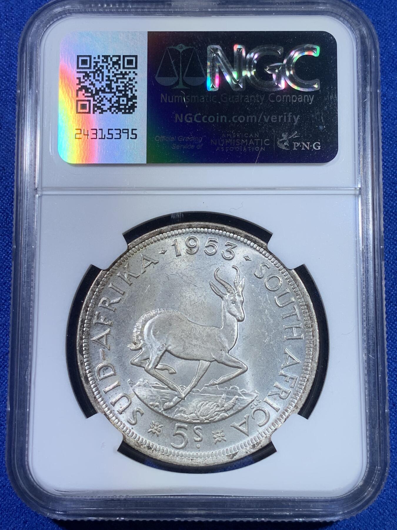 《竞宝斋》第269场- 周日，周一，周二  3场连拍 （全场包邮） NGC MS63 南非1953年伊丽莎白二世加冕首年克朗大银币