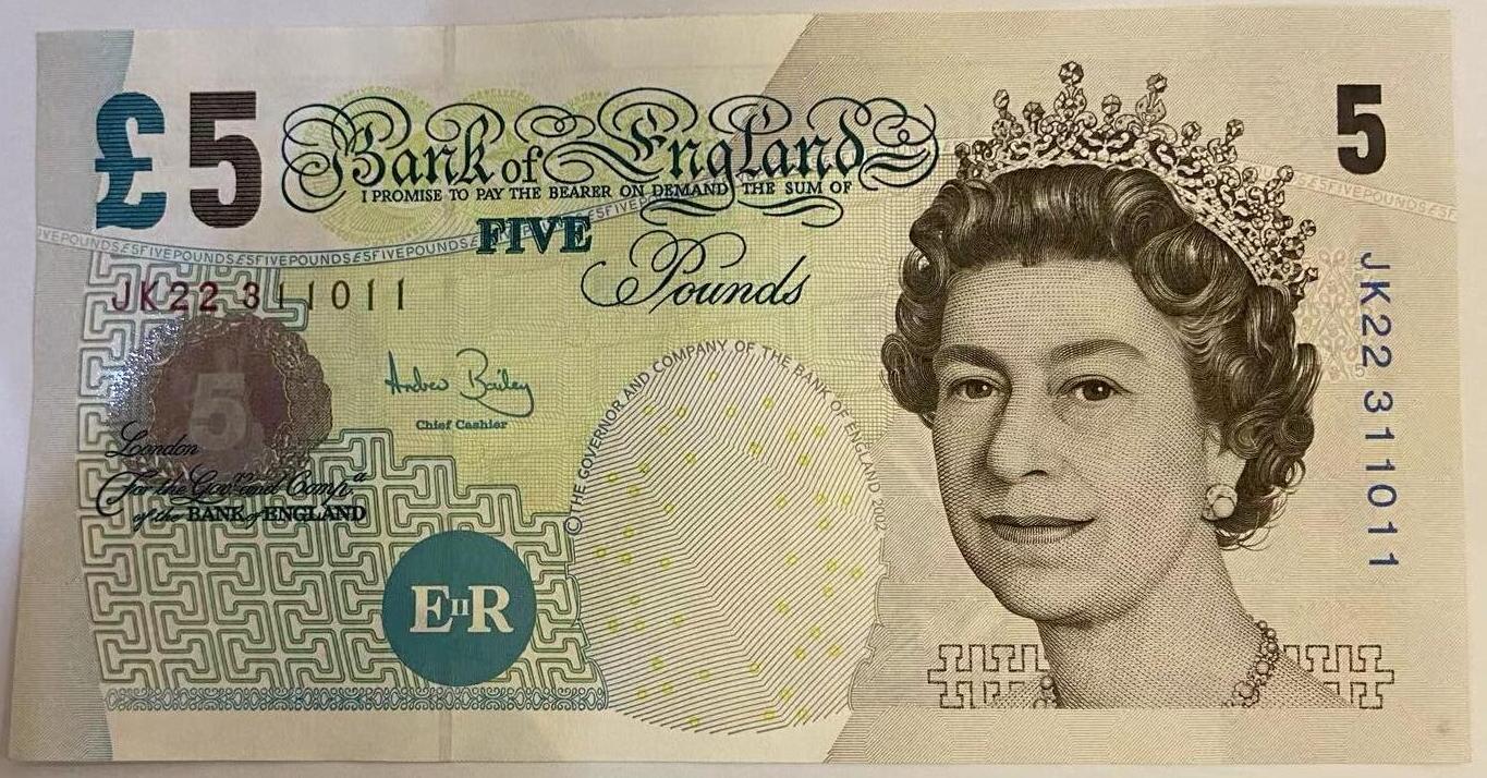 【炜奕收藏】世界精选纸币裸钞专场 英国E序列再版5磅，UNC品相，号码全小号