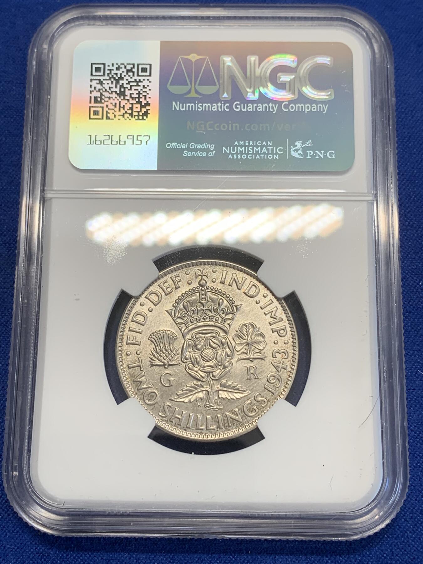 《竞宝斋》第269场- 周日，周一，周二  3场连拍 （全场包邮） NGC UNCD 英国 1943年 乔治六世 2先令 银币