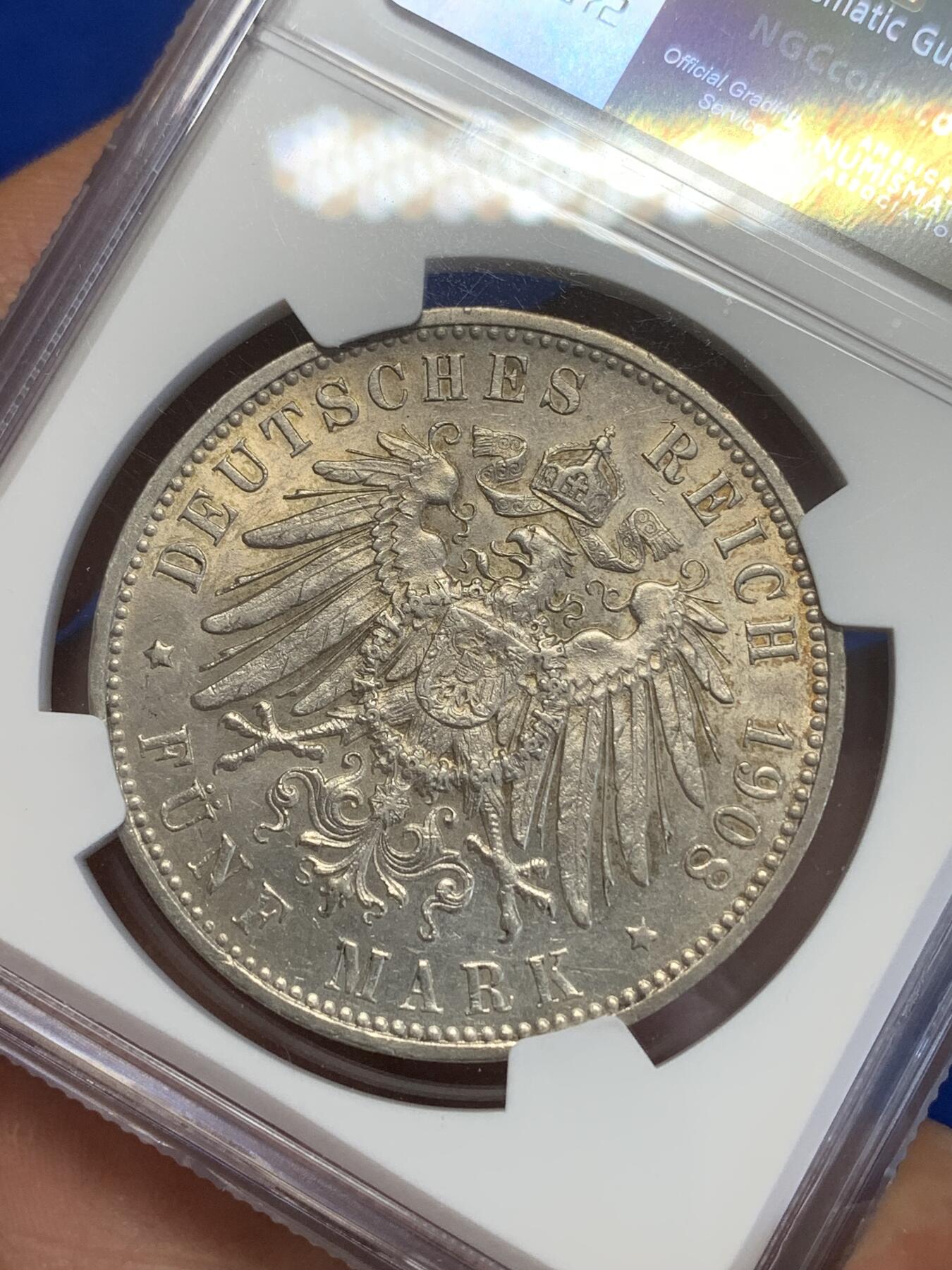 《竞宝斋》第269场- 周日，周一，周二  3场连拍 （全场包邮） NGC UNCD 德国1908符腾堡5马克银币