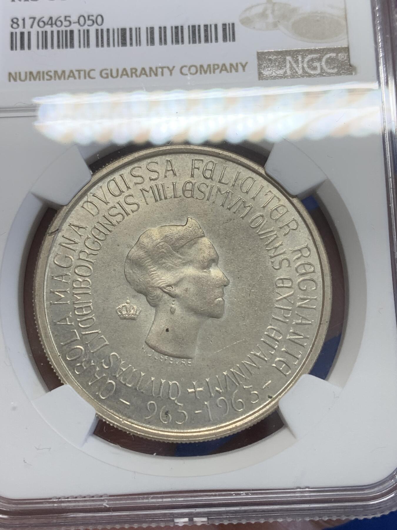 《竞宝斋》第269场- 周日，周一，周二  3场连拍 （全场包邮） NGC MS65 卢森堡1963年夏洛特大公夫人250法郎千禧城纪念银币