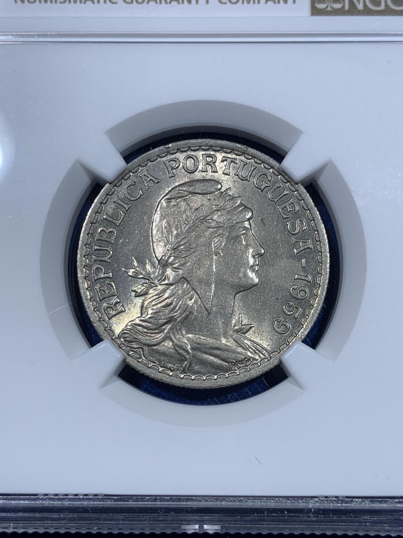《竞宝斋》第269场- 周日，周一，周二  3场连拍 （全场包邮） 两枚一组 NGC MS65/63 葡萄牙1959年镍币 50分+1埃斯库多