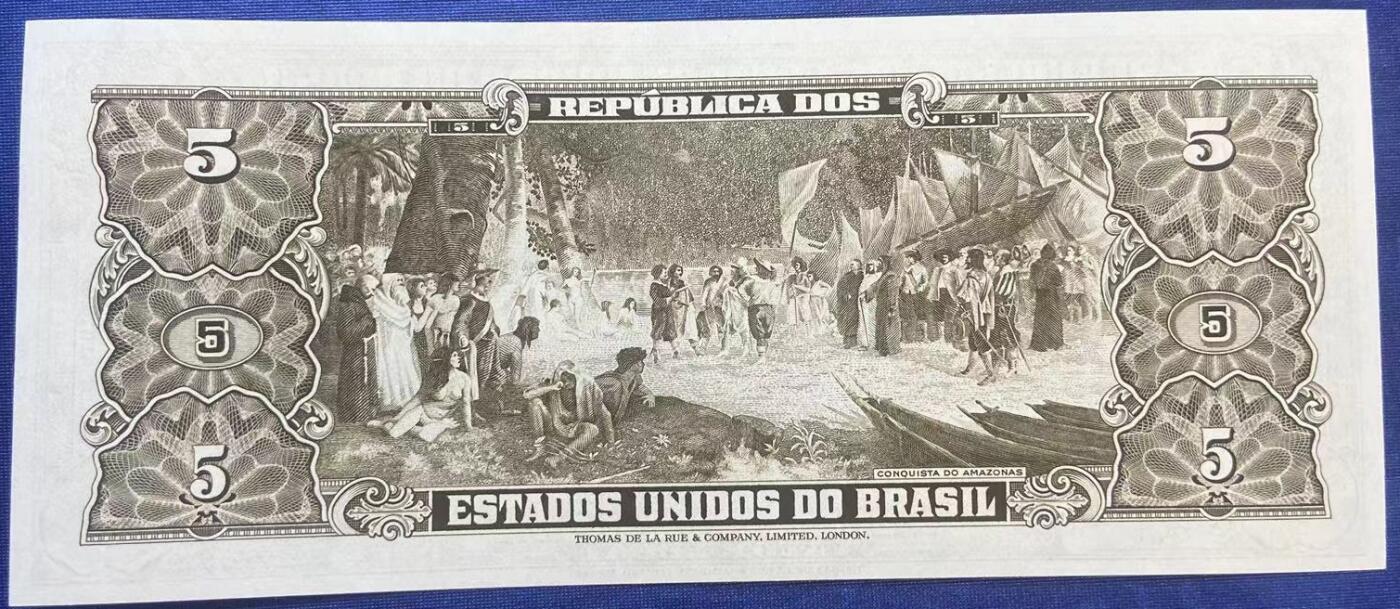 【炜奕收藏】世界精选纸币裸钞专场 1964年巴西5克鲁塞罗，UNC品相，尾58