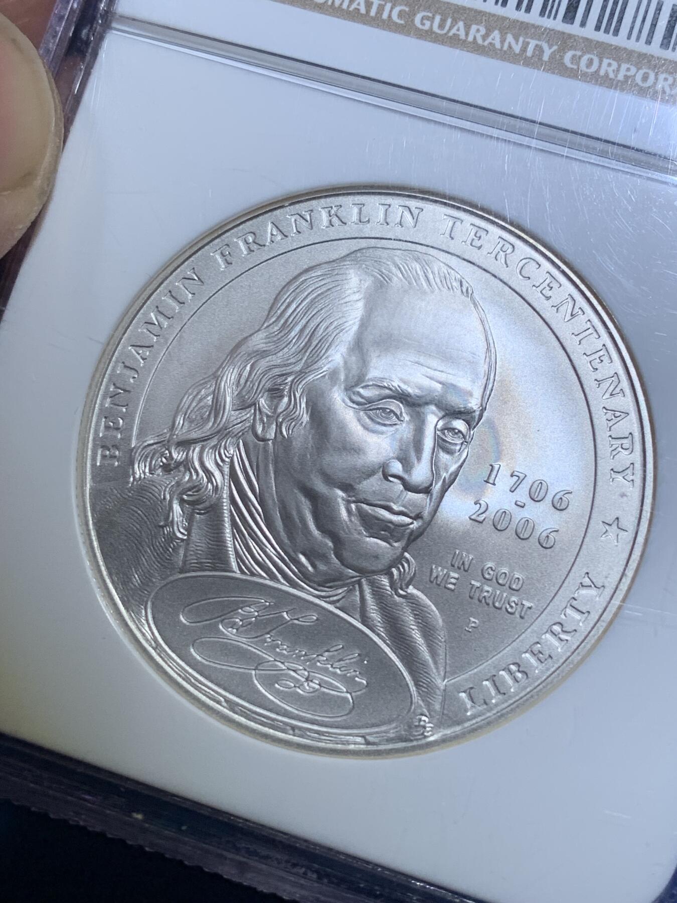 《竞宝斋》第269场- 周日，周一，周二  3场连拍 （全场包邮） NGC MS70 美国2006年富兰克林诞生300周年1美元磨砂银币 2008年度克劳斯世界硬币大奖赛之年度最佳历史意义银币 900银