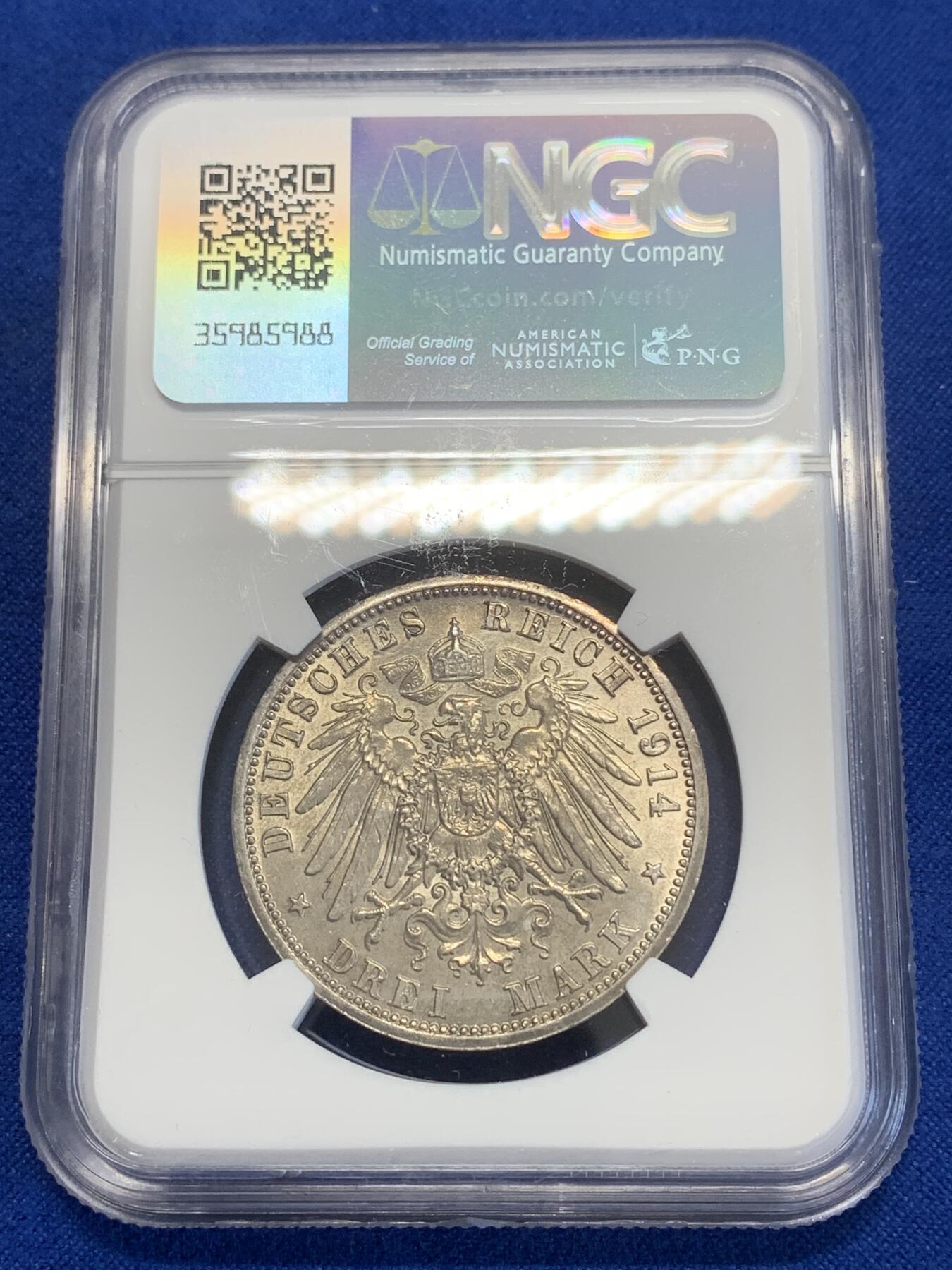 《竞宝斋》第269场- 周日，周一，周二  3场连拍 （全场包邮） NGC UNCD 德国普鲁士1914年威廉二世军装3马克银币