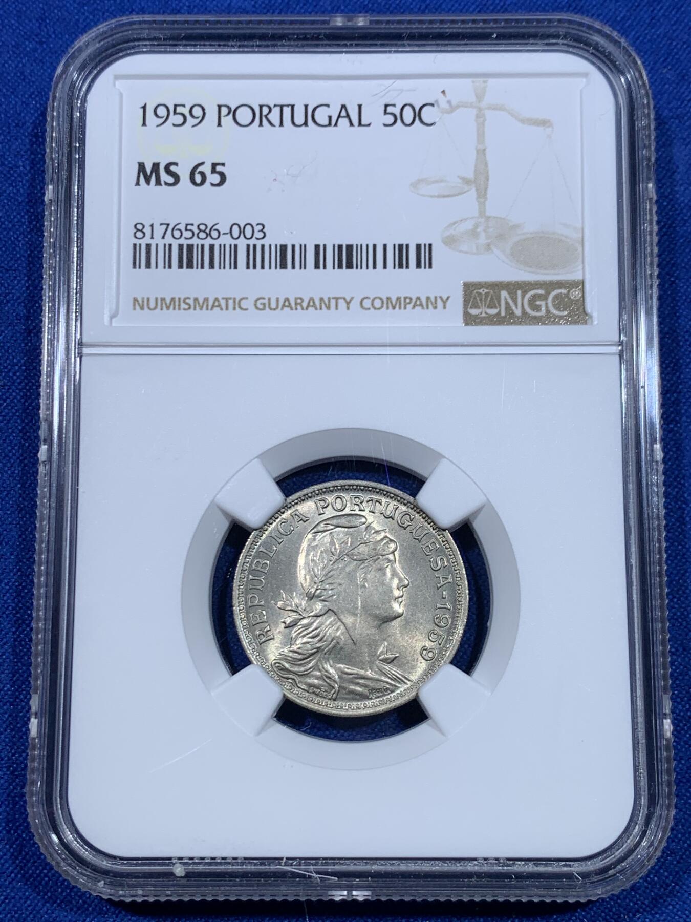 《竞宝斋》第269场- 周日，周一，周二  3场连拍 （全场包邮） 两枚一组 NGC MS65/63 葡萄牙1959年镍币 50分+1埃斯库多