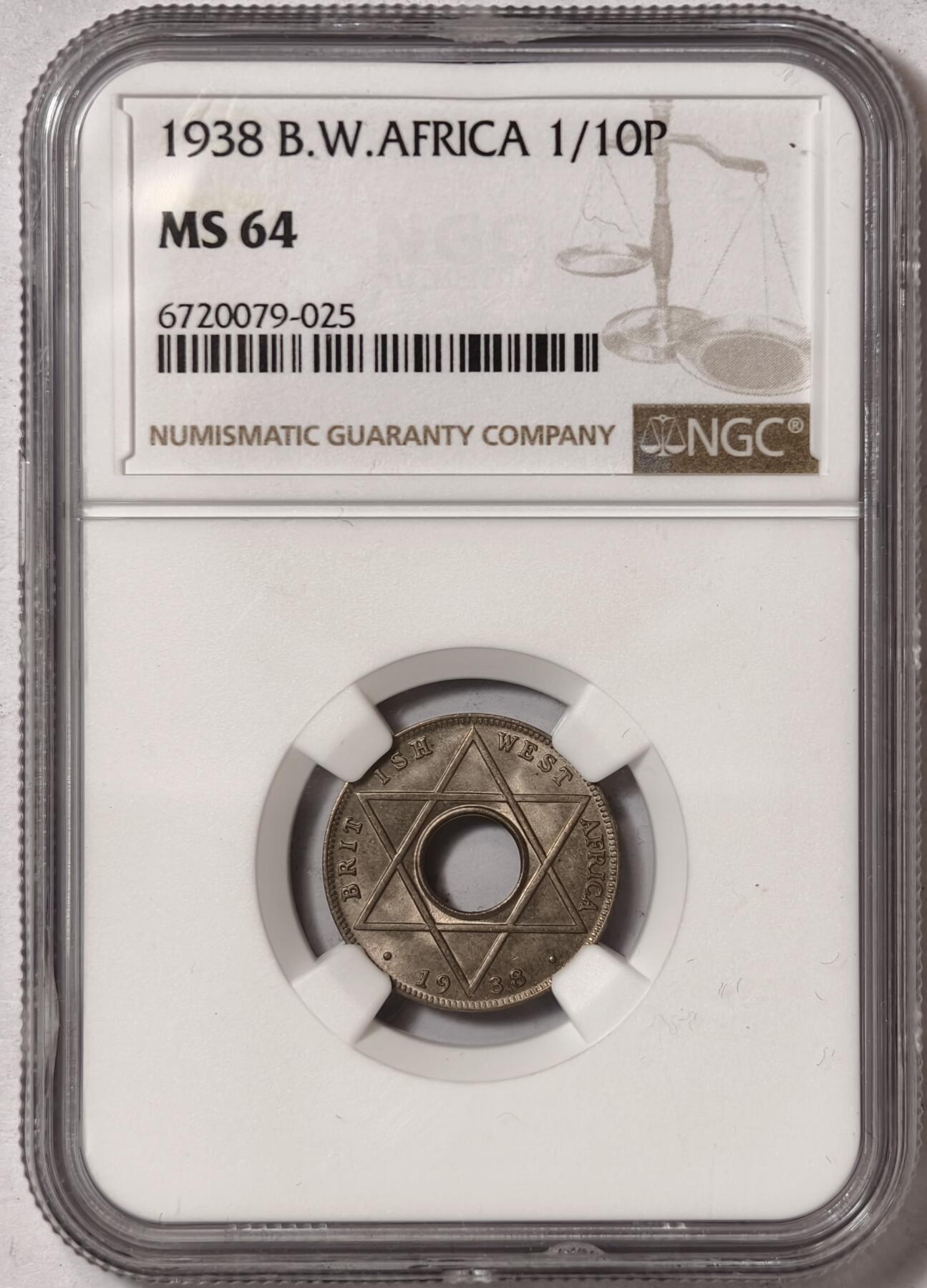 紫瑗钱币——第350期拍卖 英属西非 1938年 乔治六世 1/10便士 白铜币 NGC MS64