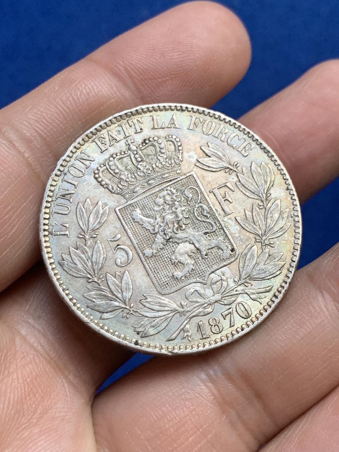 《竞宝斋》第269场- 周日，周一，周二  3场连拍 （全场包邮） 1870年比利时5法郎大银币 利奥波德二世头像 品相细节很棒 比通货好很多 包浆深沉漂亮