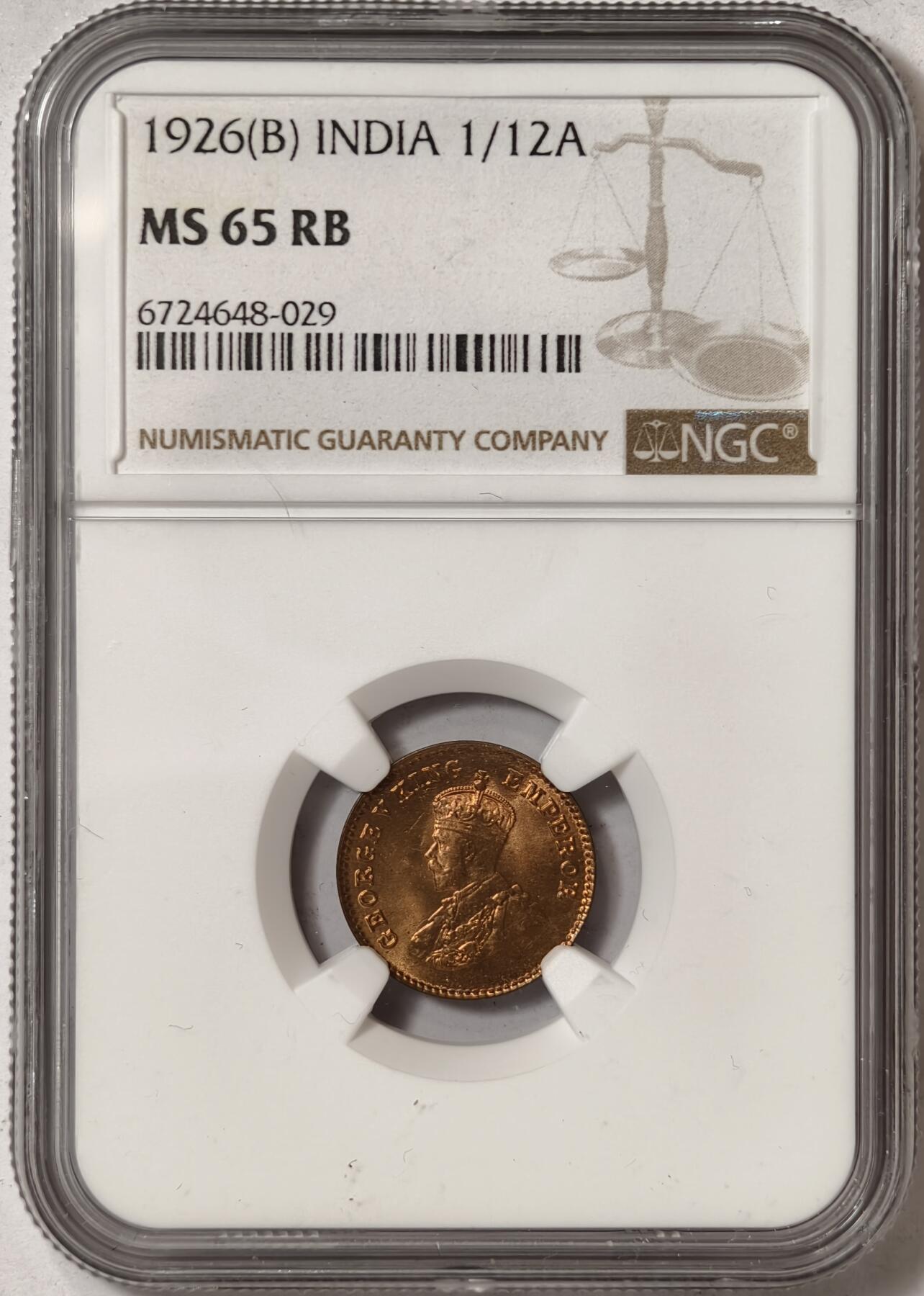 紫瑗钱币——第350期拍卖 英属印度 1926年 B版 乔治五世 1/12安娜 铜币 NGC