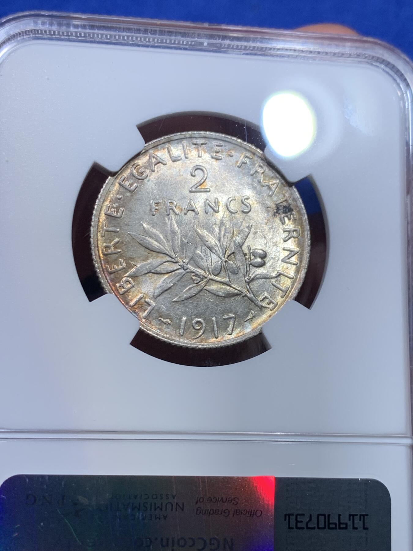 《竞宝斋》第269场- 周日，周一，周二  3场连拍 （全场包邮） NGC MS62 法国1917年播种女神2法郎银币