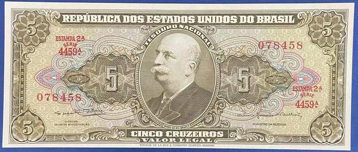 【炜奕收藏】世界精选纸币裸钞专场 1964年巴西5克鲁塞罗，UNC品相，尾58