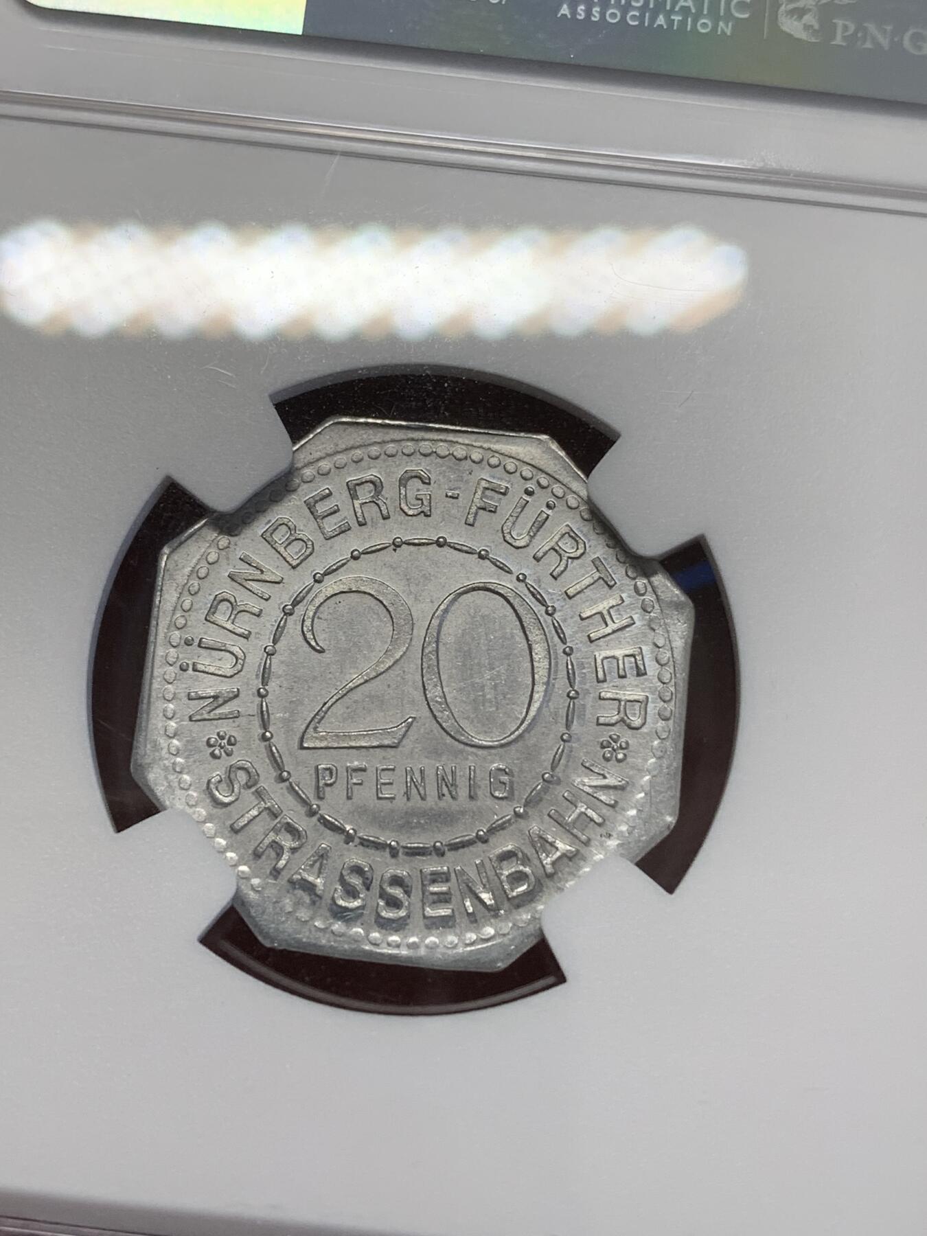 《竞宝斋》第269场- 周日，周一，周二  3场连拍 （全场包邮） NGC MS63 德国德紧纽伦堡电车代用币20芬尼八角币