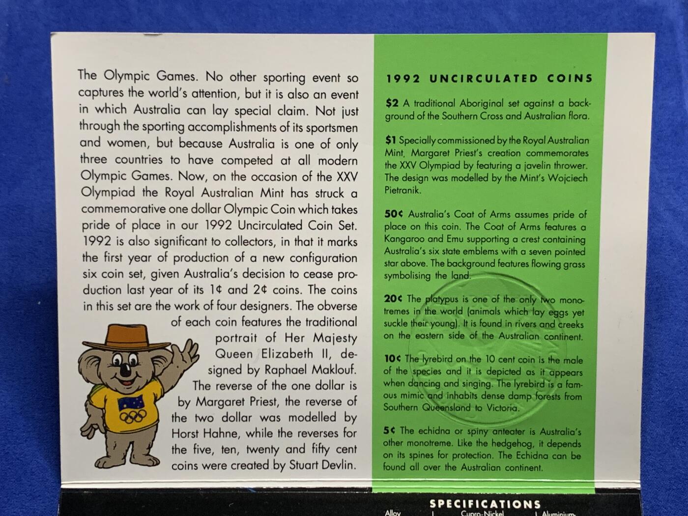 《竞宝斋》第269场- 周日，周一，周二  3场连拍 （全场包邮） 1992年澳大利亚皇家造币厂官方套币 带1元标枪流通纪念币
