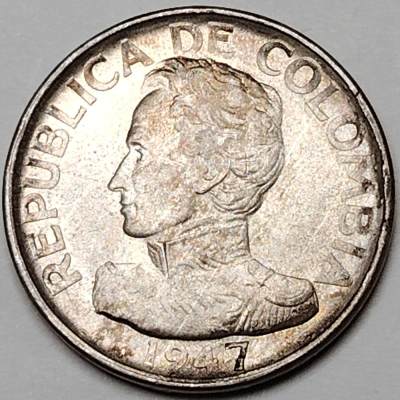 布加迪🐬～世界钱币🌾第 118 期 /  各国币及散币 - 哥伦比亚🇨🇴 1947年 50分银币 30mm 包浆完美好品较稀少