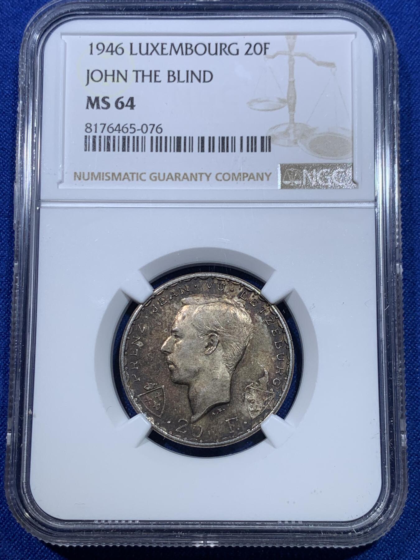 《竞宝斋》第269场- 周日，周一，周二  3场连拍 （全场包邮） NGC MS64 卢森堡1946年盲人约翰阵亡600年纪念20法郎银币