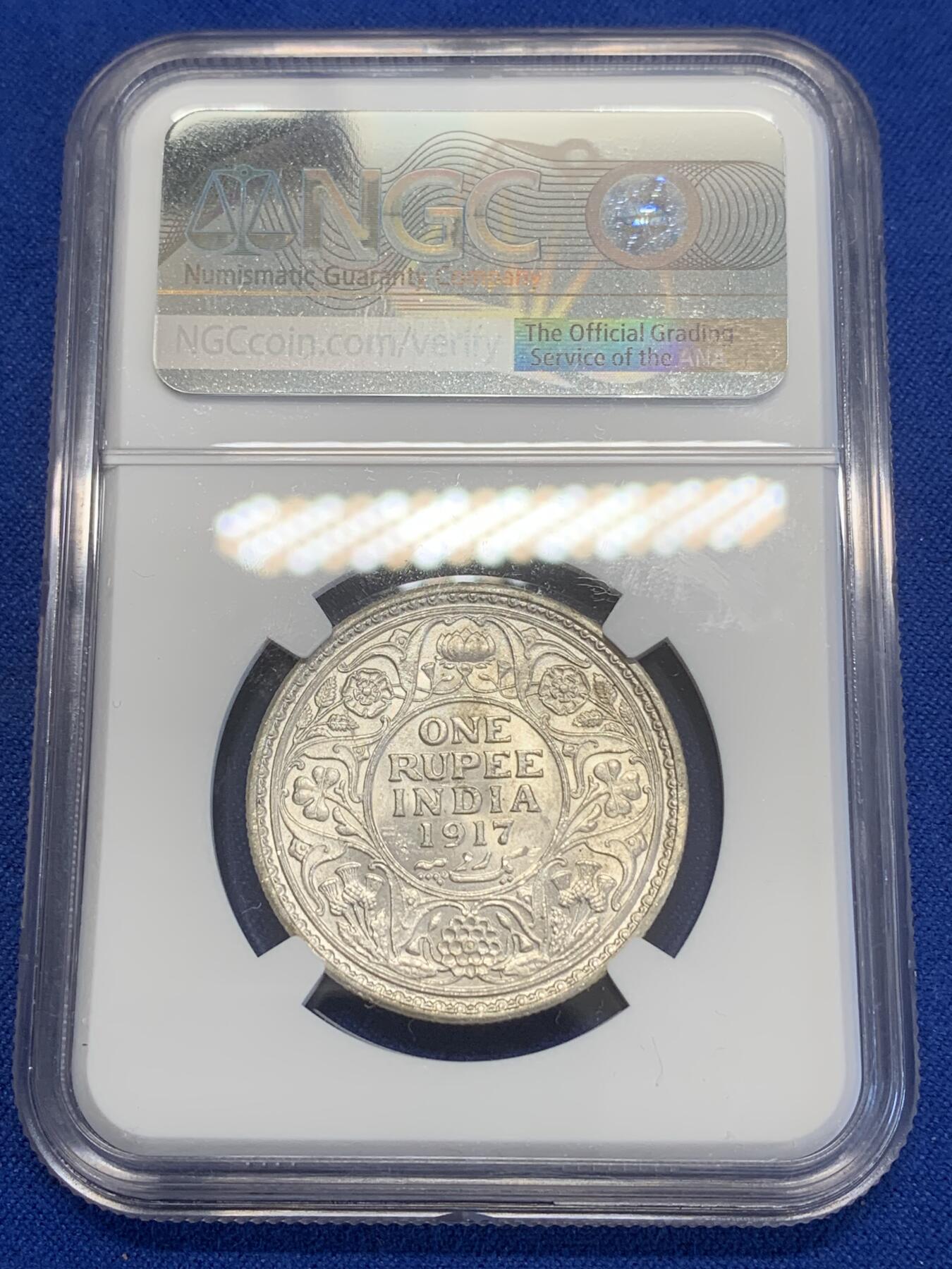 《竞宝斋》第269场- 周日，周一，周二  3场连拍 （全场包邮） NGC UNCD 印度 1917年 乔治五世 1卢比 银币