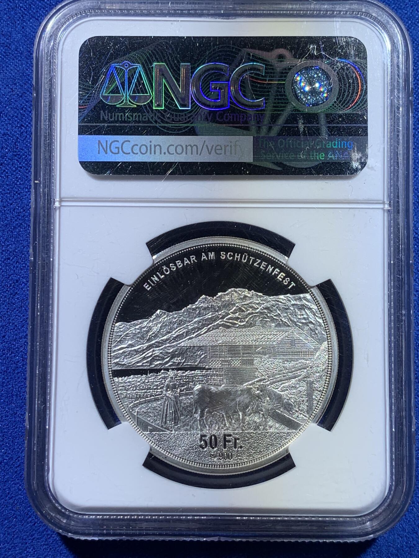 《竞宝斋》第269场- 周日，周一，周二  3场连拍 （全场包邮） NGC PF68UC 瑞士2023年吉斯维尔女神50法郎 奥布瓦尔登射击节精制币 限量1000枚 背面景观细腻