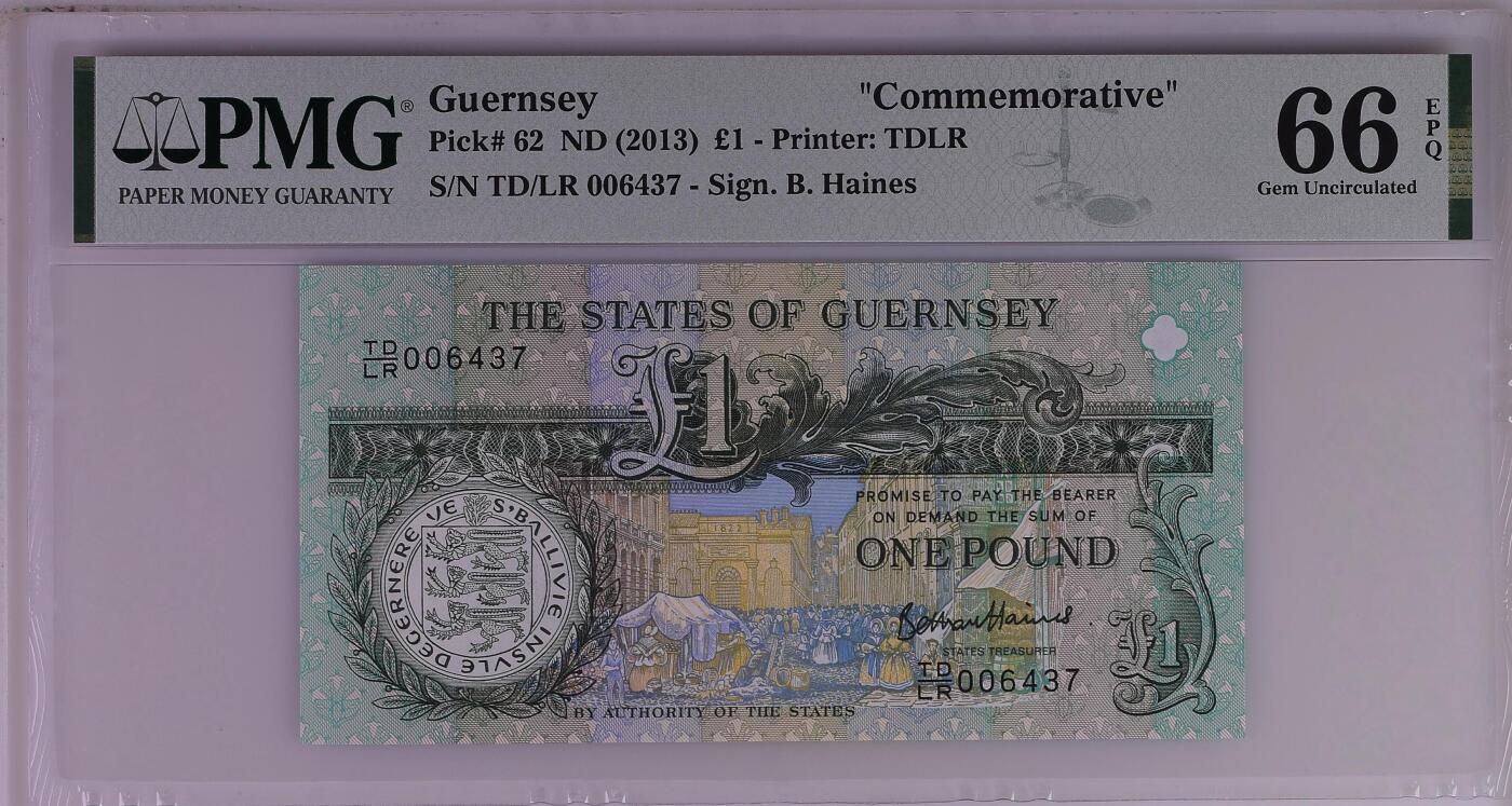 收藏联盟Quantum Auction 第347期拍卖  格恩西ND (2013)年1镑纪念钞 PMG66 千位号