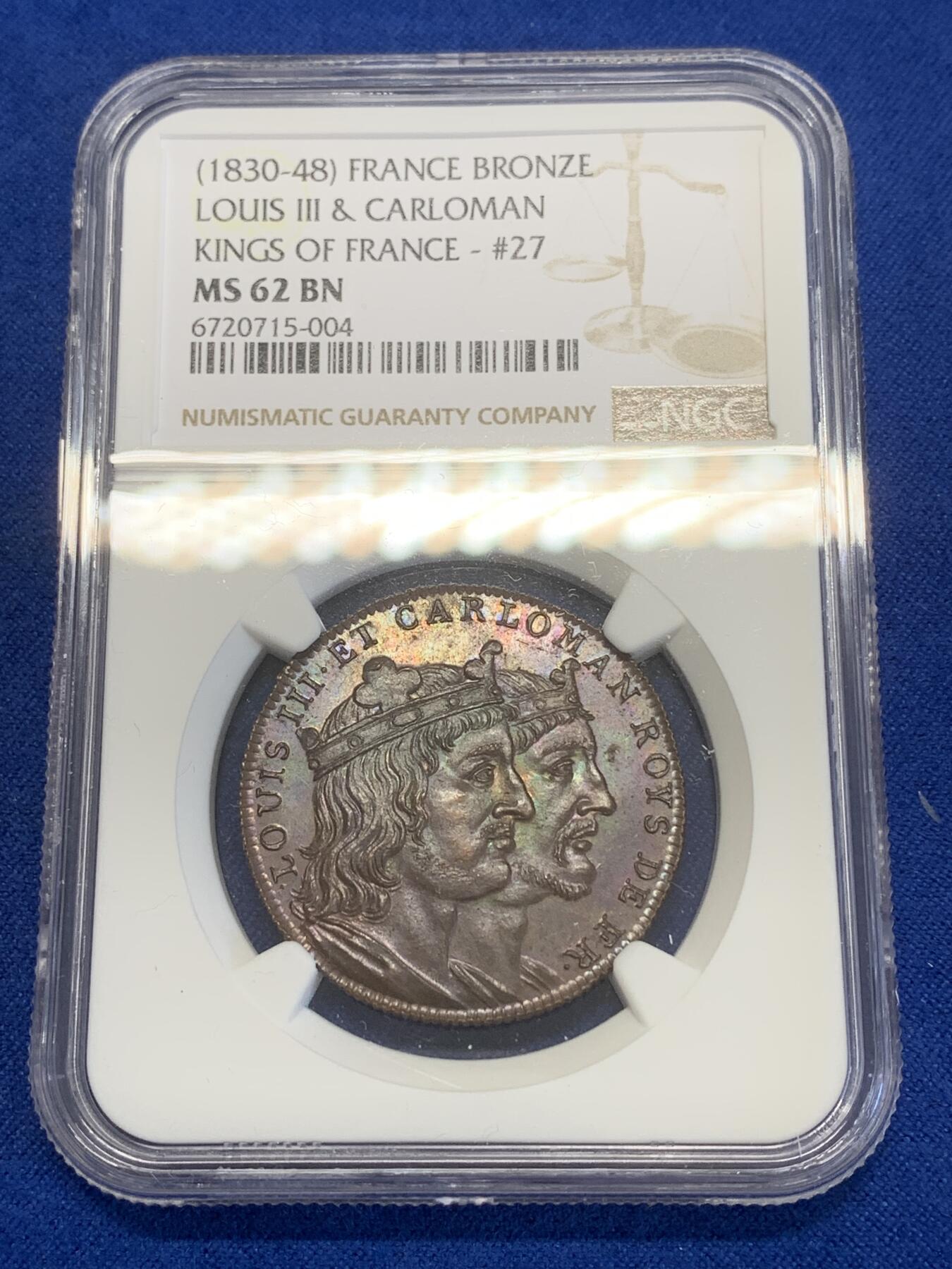 《竞宝斋》第269场- 周日，周一，周二  3场连拍 （全场包邮） NGC MS62BN 法国1830-48路易三世和卡洛曼国王头像铜章
