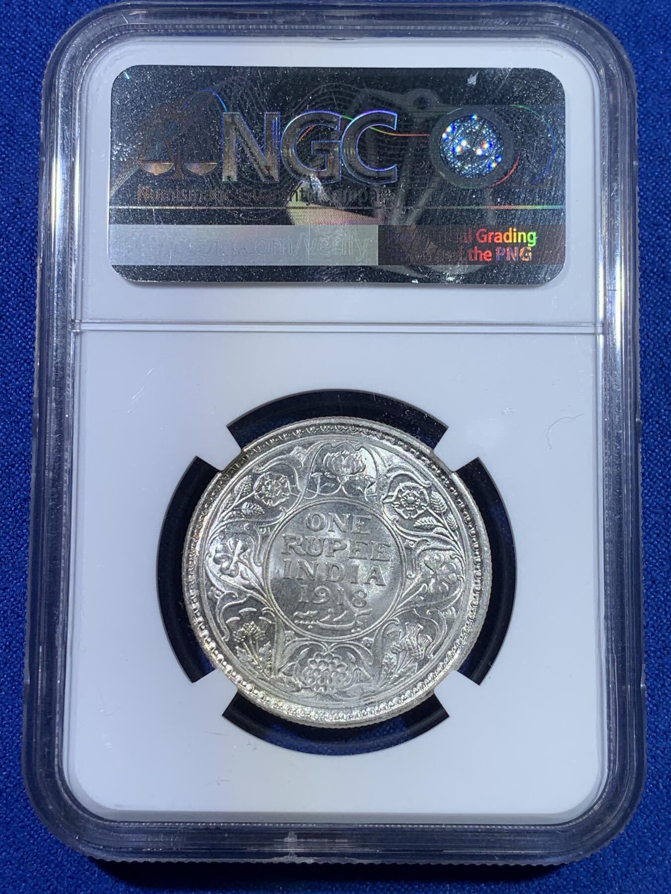 《竞宝斋》第269场- 周日，周一，周二  3场连拍 （全场包邮） NGC MS62 英属印度 1918年 C版 乔五 1卢比银币