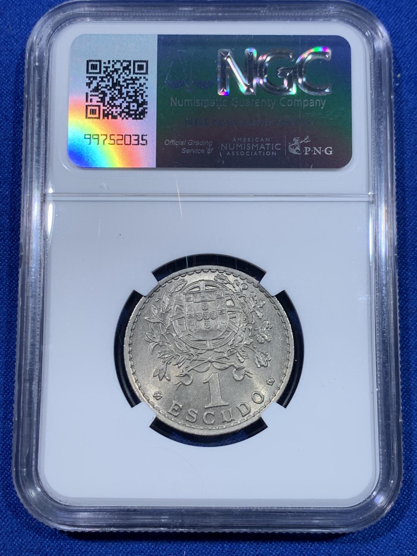 《竞宝斋》第269场- 周日，周一，周二  3场连拍 （全场包邮） 两枚一组 NGC MS65/63 葡萄牙1959年镍币 50分+1埃斯库多