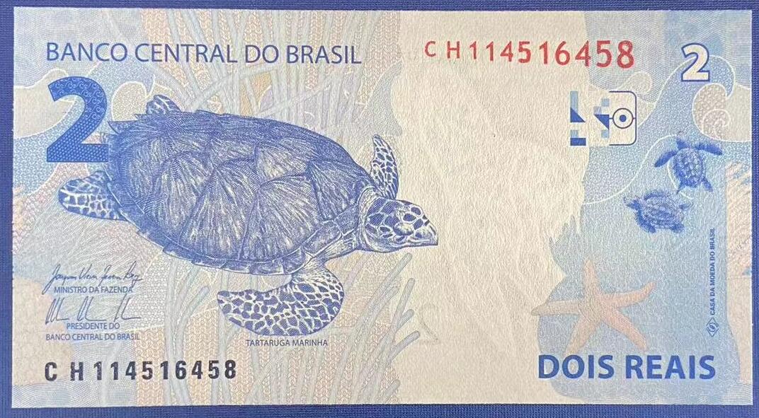 【炜奕收藏】世界精选纸币裸钞专场 2010年巴西2雷亚尔，UNC品相，尾58