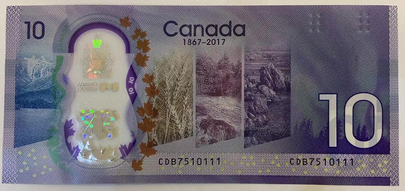 【炜奕收藏】世界精选纸币裸钞专场 2017年加拿大建国150周年纪念钞，AU品相，中有一道软折，号码无4豹子号111