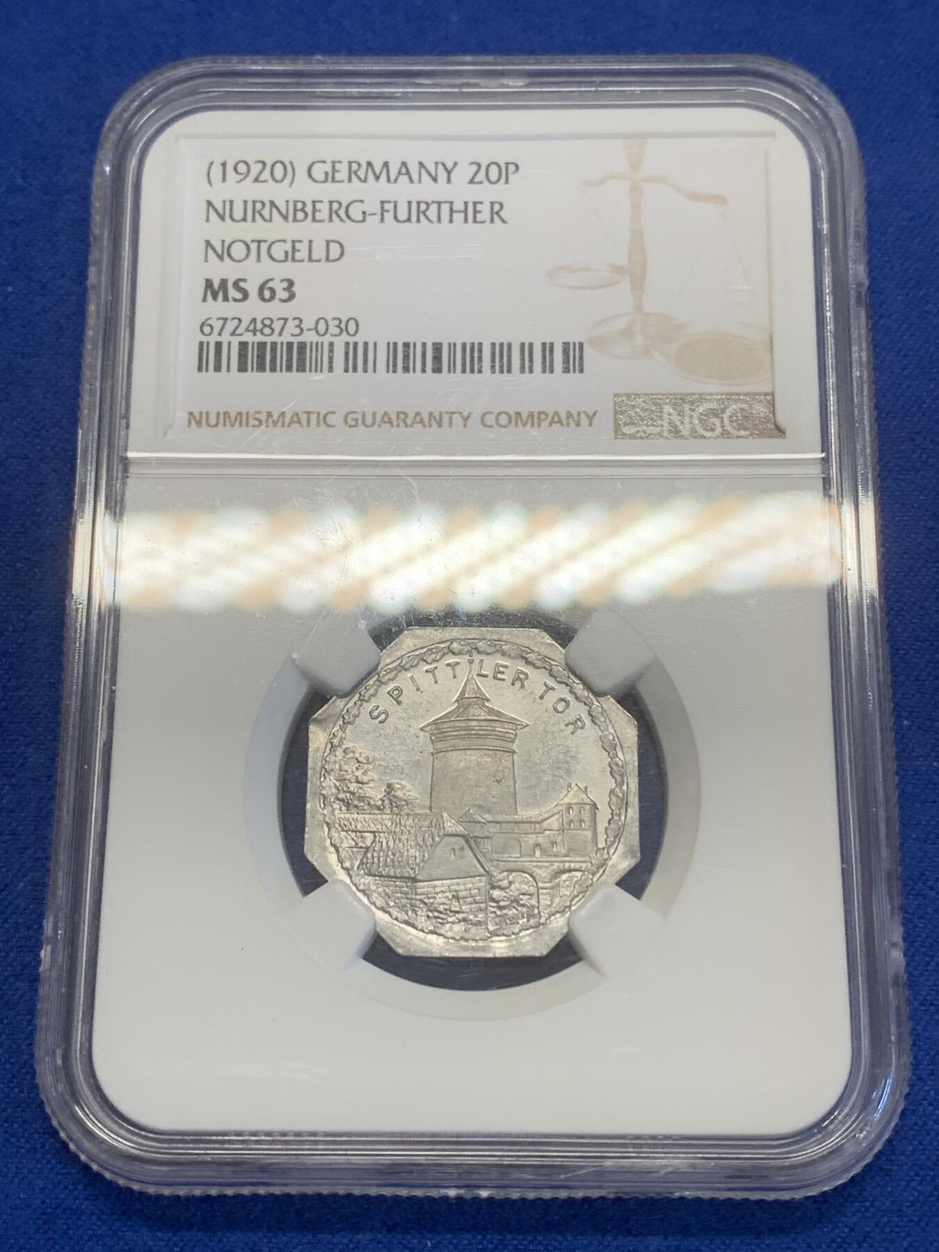 《竞宝斋》第269场- 周日，周一，周二  3场连拍 （全场包邮） NGC MS63 德国德紧纽伦堡电车代用币20芬尼八角币