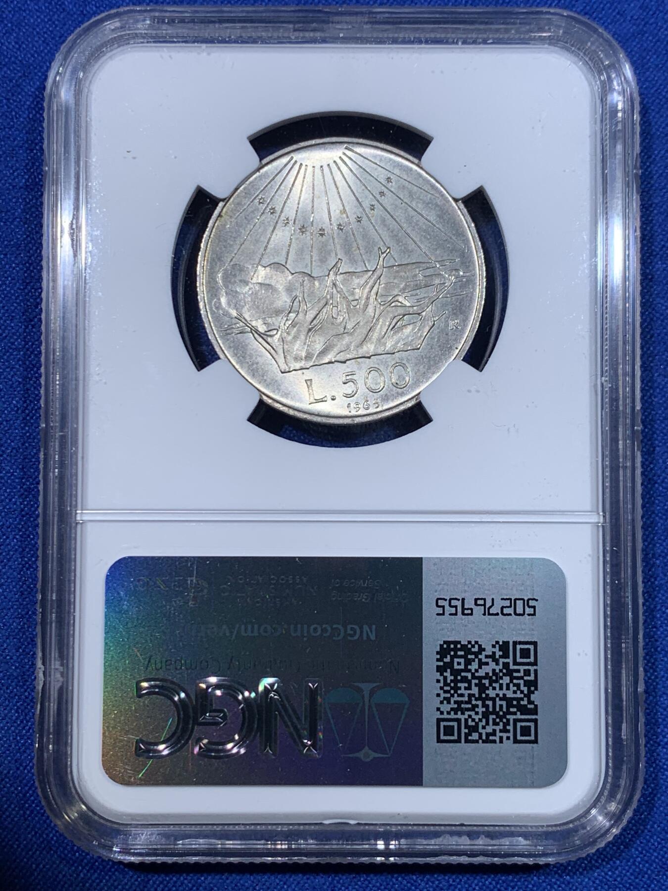 《竞宝斋》第269场- 周日，周一，周二  3场连拍 （全场包邮） NGC MS65 意大利1965年但丁500里拉银币