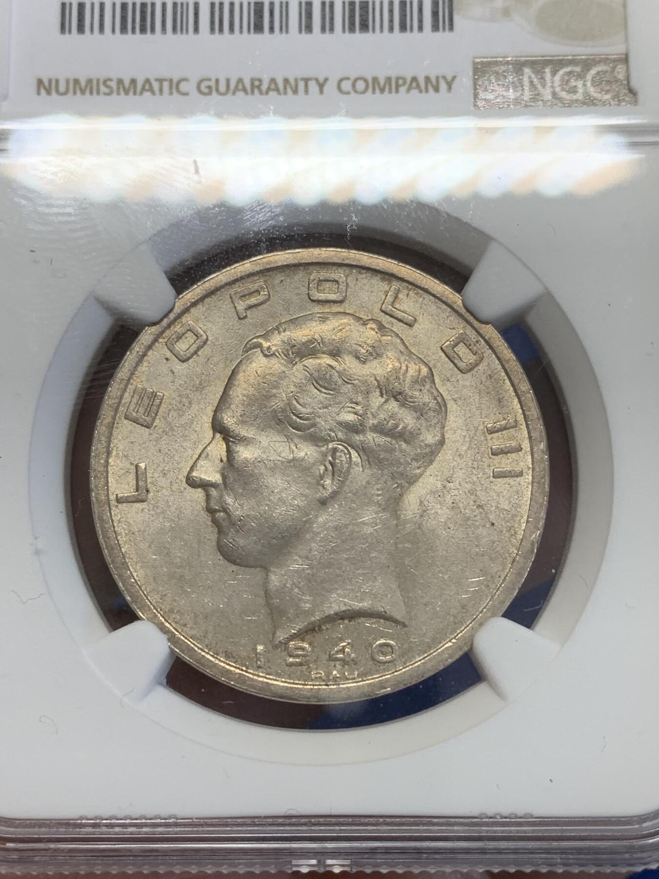 《竞宝斋》第269场- 周日，周一，周二  3场连拍 （全场包邮） NGC MS63 比利时1940年利奥波德三世50法郎银币