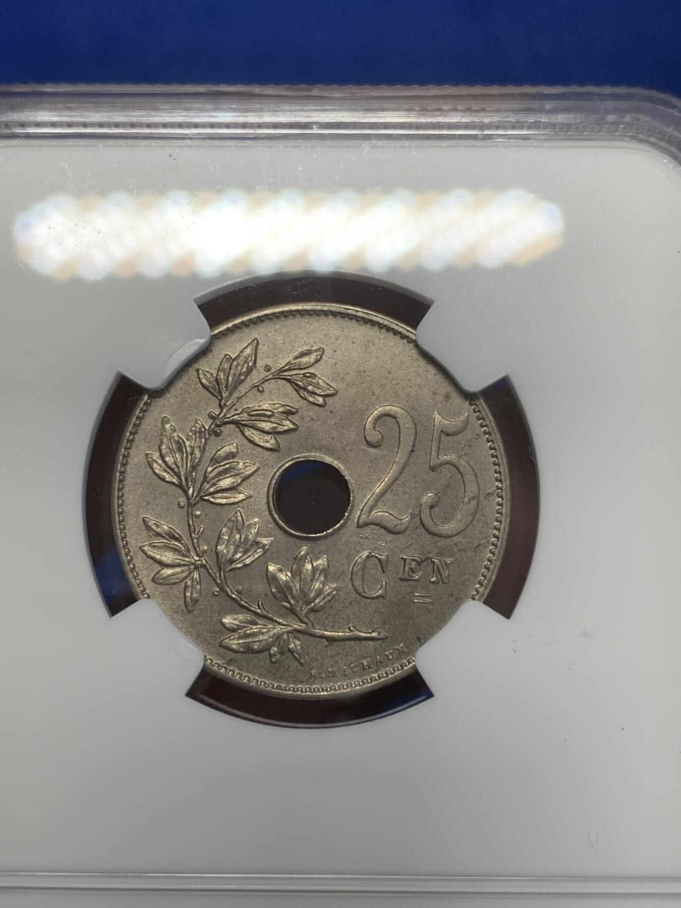 《竞宝斋》第269场- 周日，周一，周二  3场连拍 （全场包邮） NGC MS63 比利时1908年利奥波德二世25美分铜镍