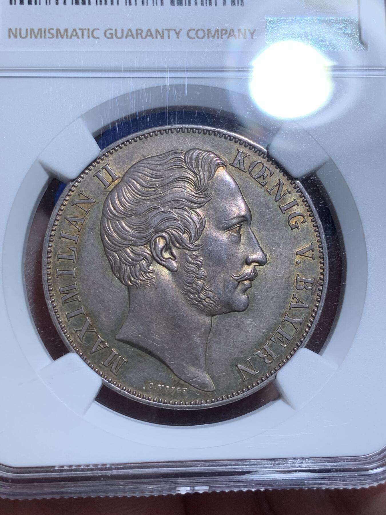 《竞宝斋》第269场- 周日，周一，周二  3场连拍 （全场包邮） NGC AU58 德国1855巴伐利亚圣母抱婴2盾银币