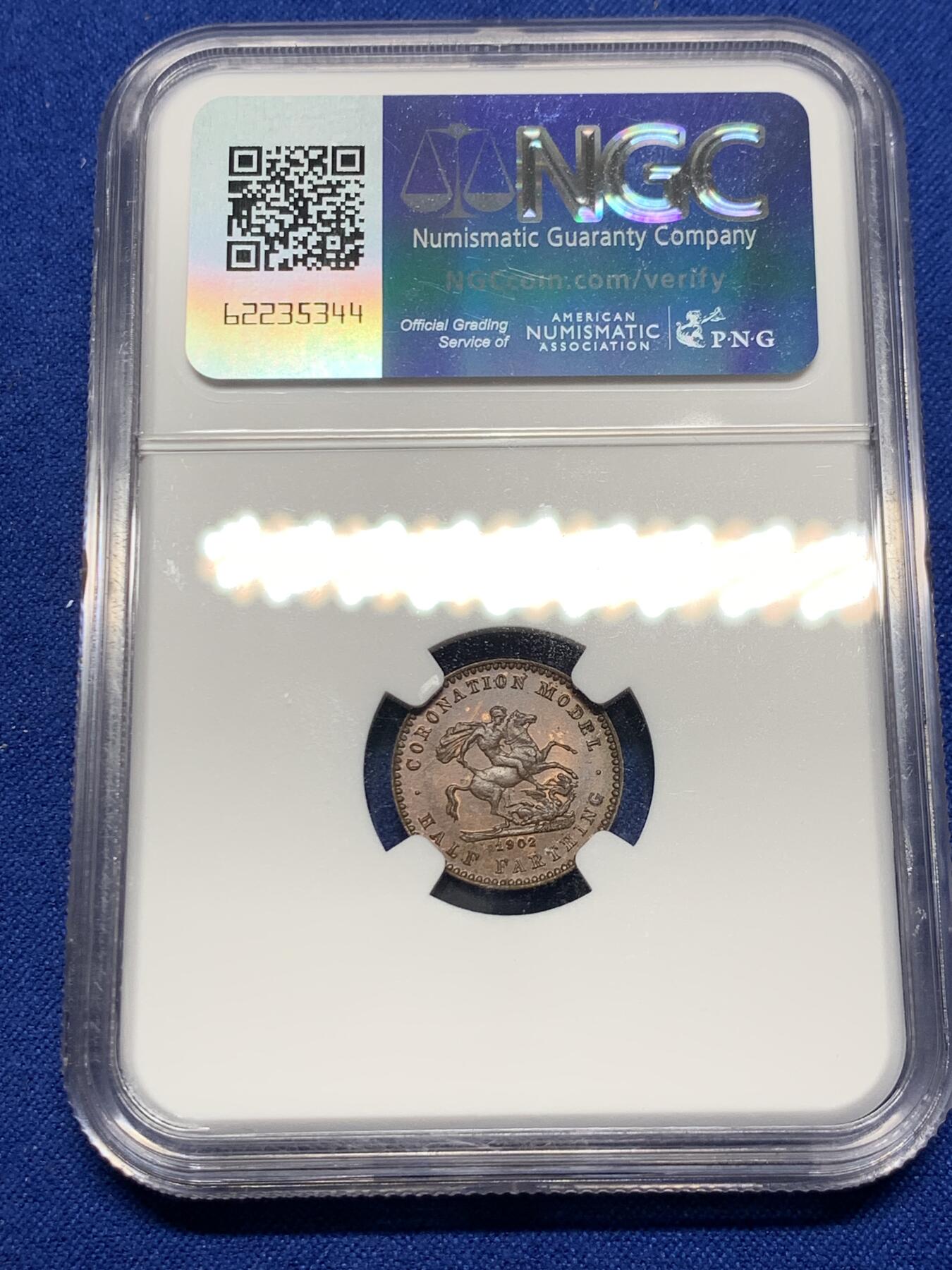 《竞宝斋》第269场- 周日，周一，周二  3场连拍 （全场包邮） NGC MS63BN 英国1902年爱德华七世登基纪念半法新铜币 最小的马剑