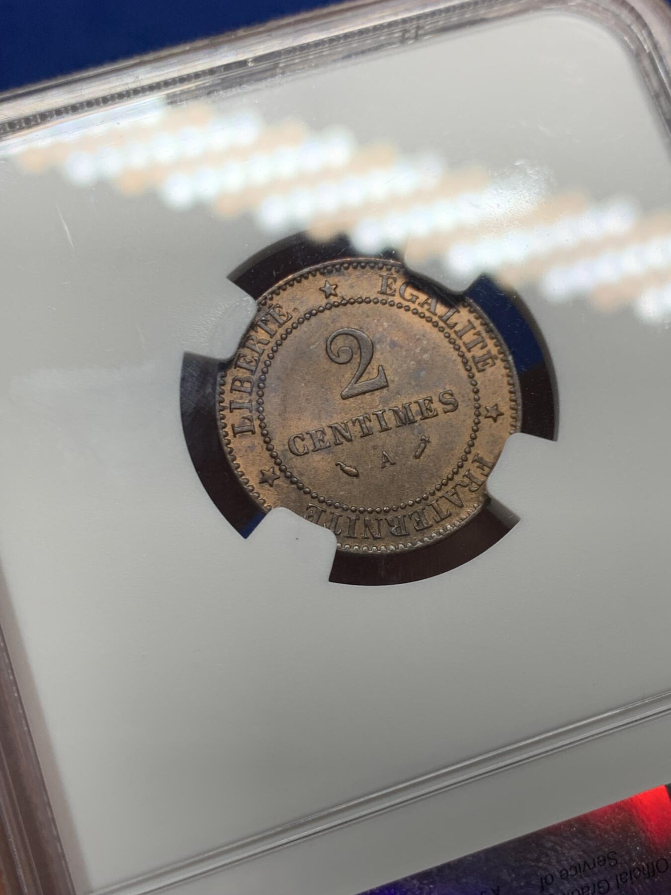 《竞宝斋》第269场- 周日，周一，周二  3场连拍 （全场包邮） NGC MS64BN 法国1886年谷物女神2C铜币 更高分仅一枚 亚军分