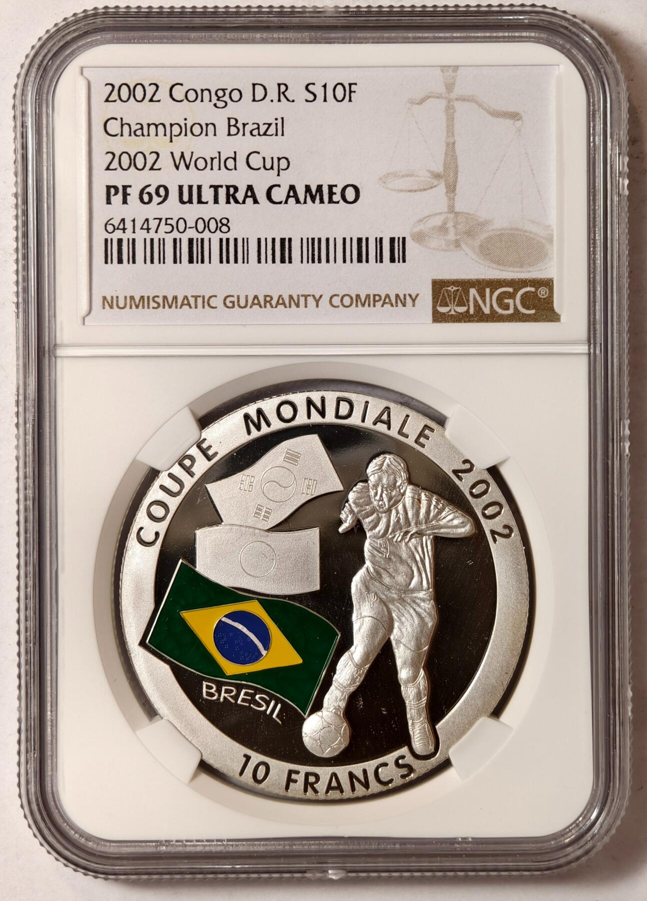 紫瑗钱币——第352期拍卖 刚果民主共和国 2002年 日韩世界杯 巴西队 10法郎 银币 NGC PR69 UC