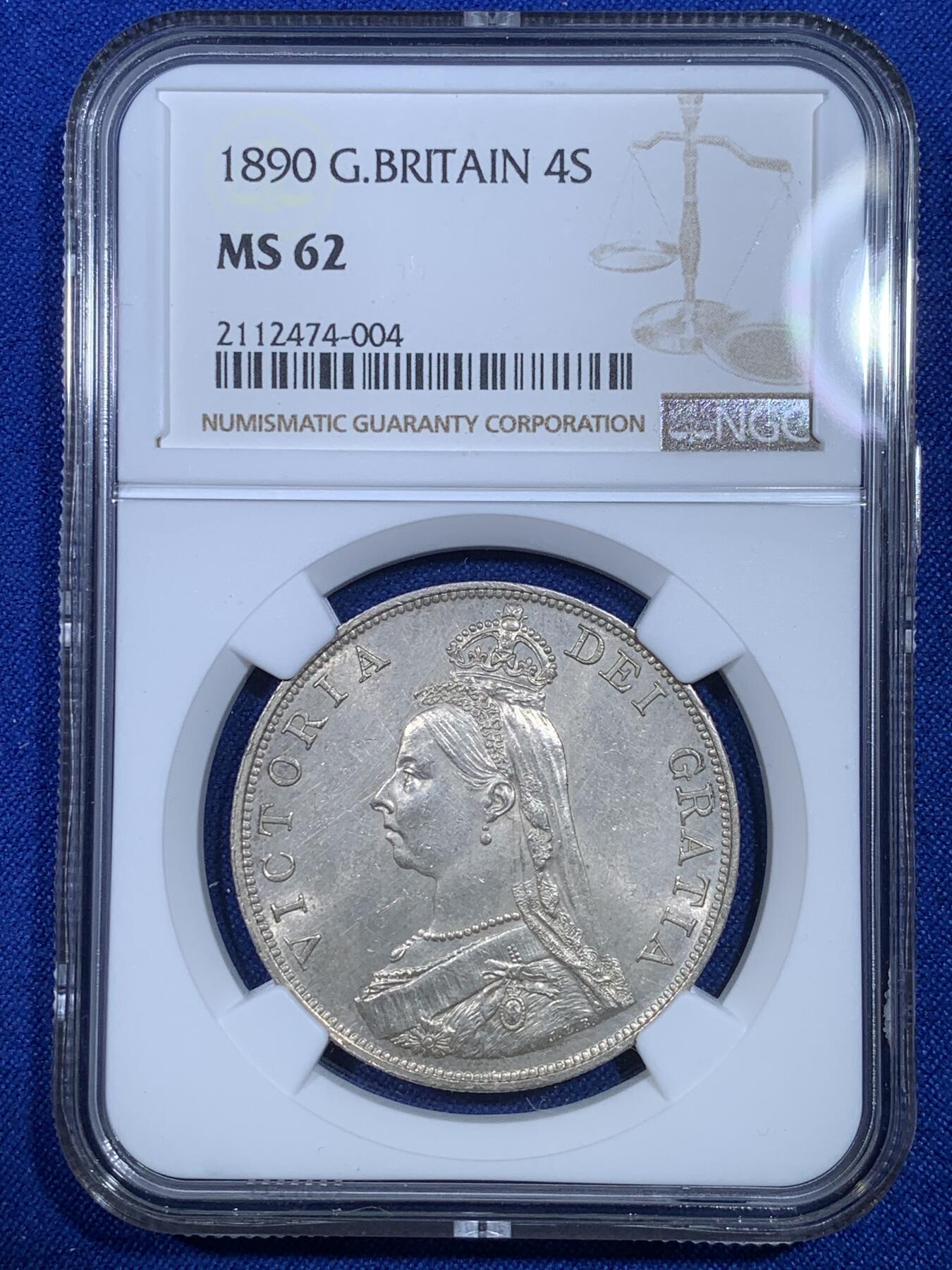 《竞宝斋》第269场- 周日，周一，周二  3场连拍 （全场包邮） NGC MS62 英国1890年维多利亚高冠双弗洛林银币