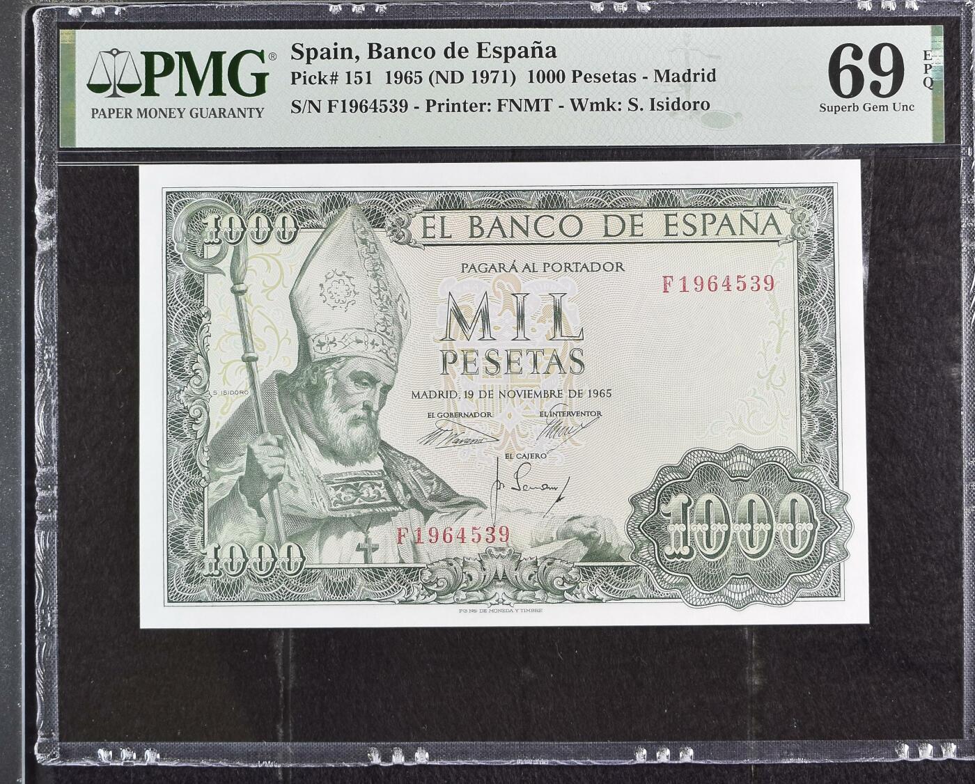 收藏联盟Quantum Auction 第347期拍卖  西班牙1965 (ND 1971)年1000比塞塔 PMG69 唯一冠军分 大主教 伊斯多罗