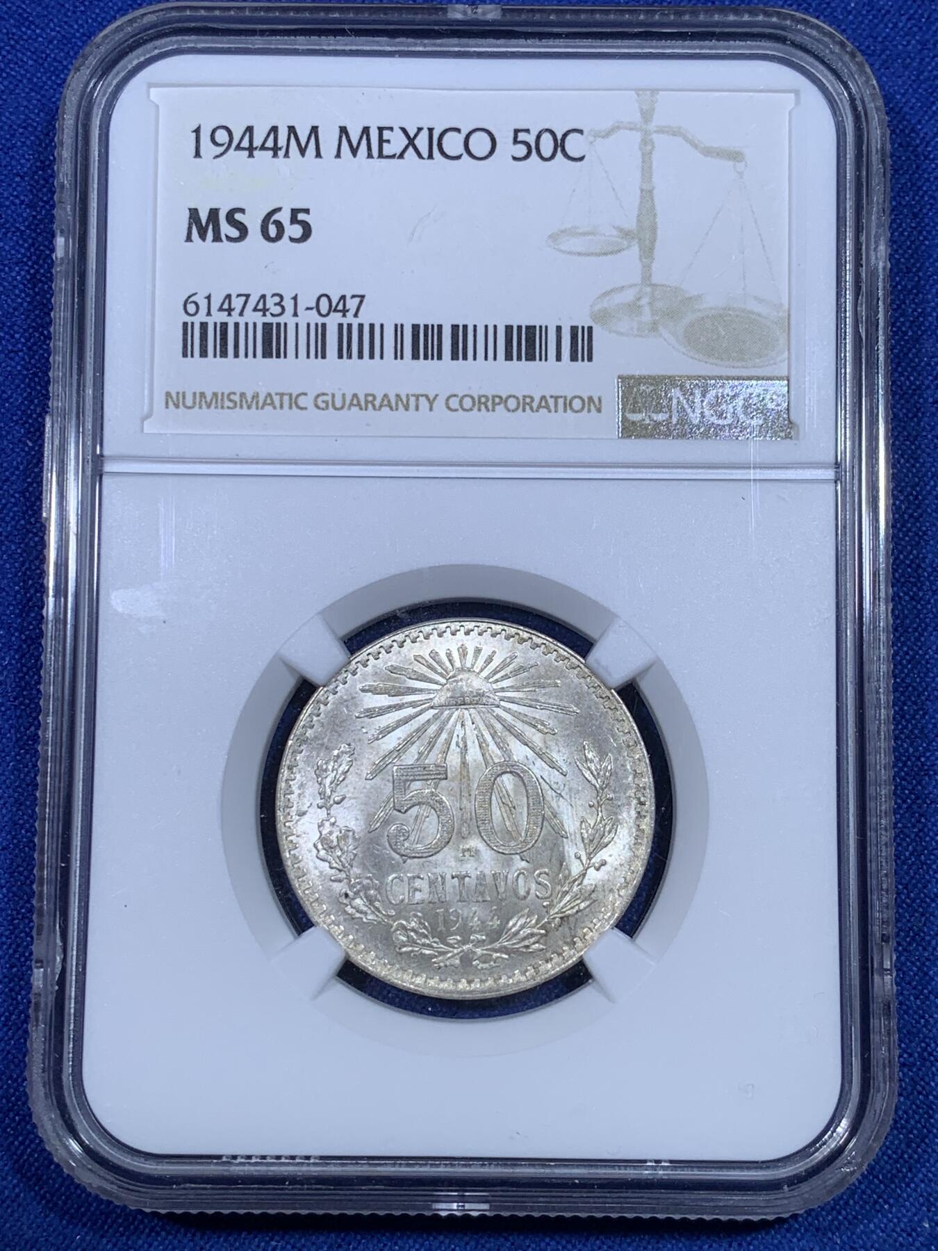 《竞宝斋》第269场- 周日，周一，周二  3场连拍 （全场包邮） NGC MS65 墨西哥 1944年 50分 银币