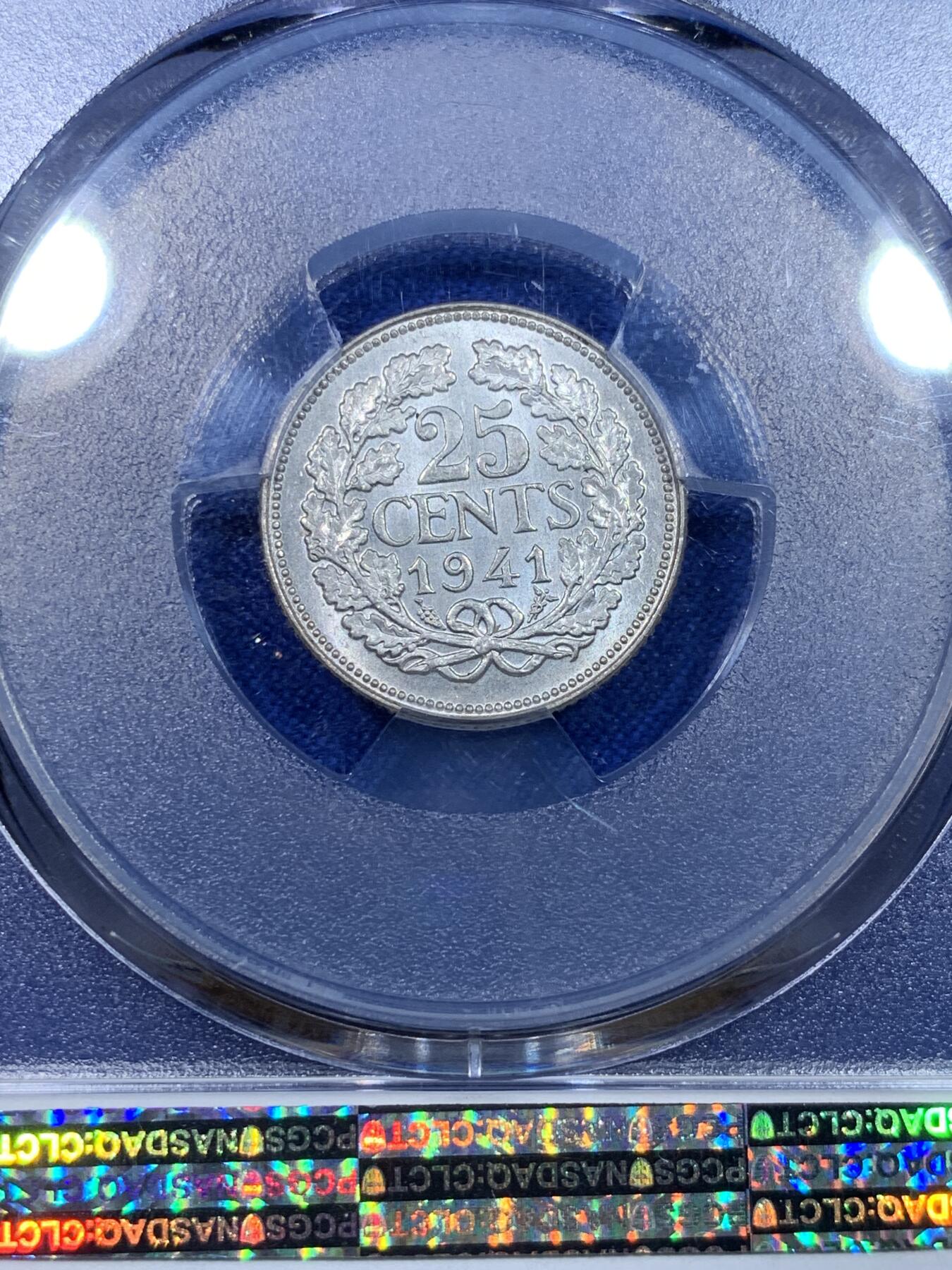 《竞宝斋》第269场- 周日，周一，周二  3场连拍 （全场包邮） PCGS MS63 1941年荷兰威廉明娜25分银币