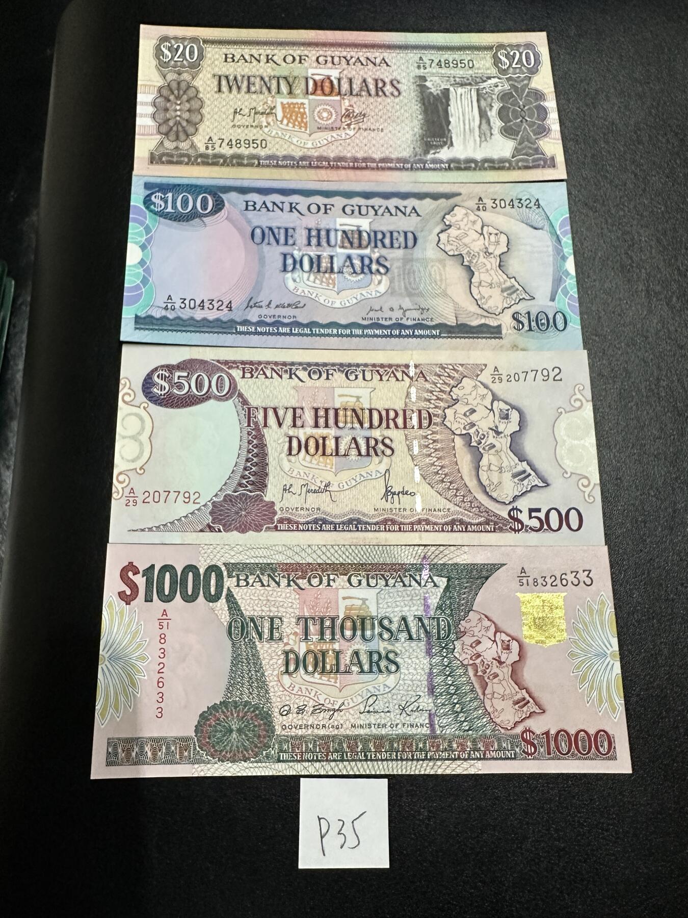 《外钞收藏家》第三百七十期（美洲纸币+其他） 圭亚那混合版，20/100/500/1000元，4枚	P27-28/32/35 全新