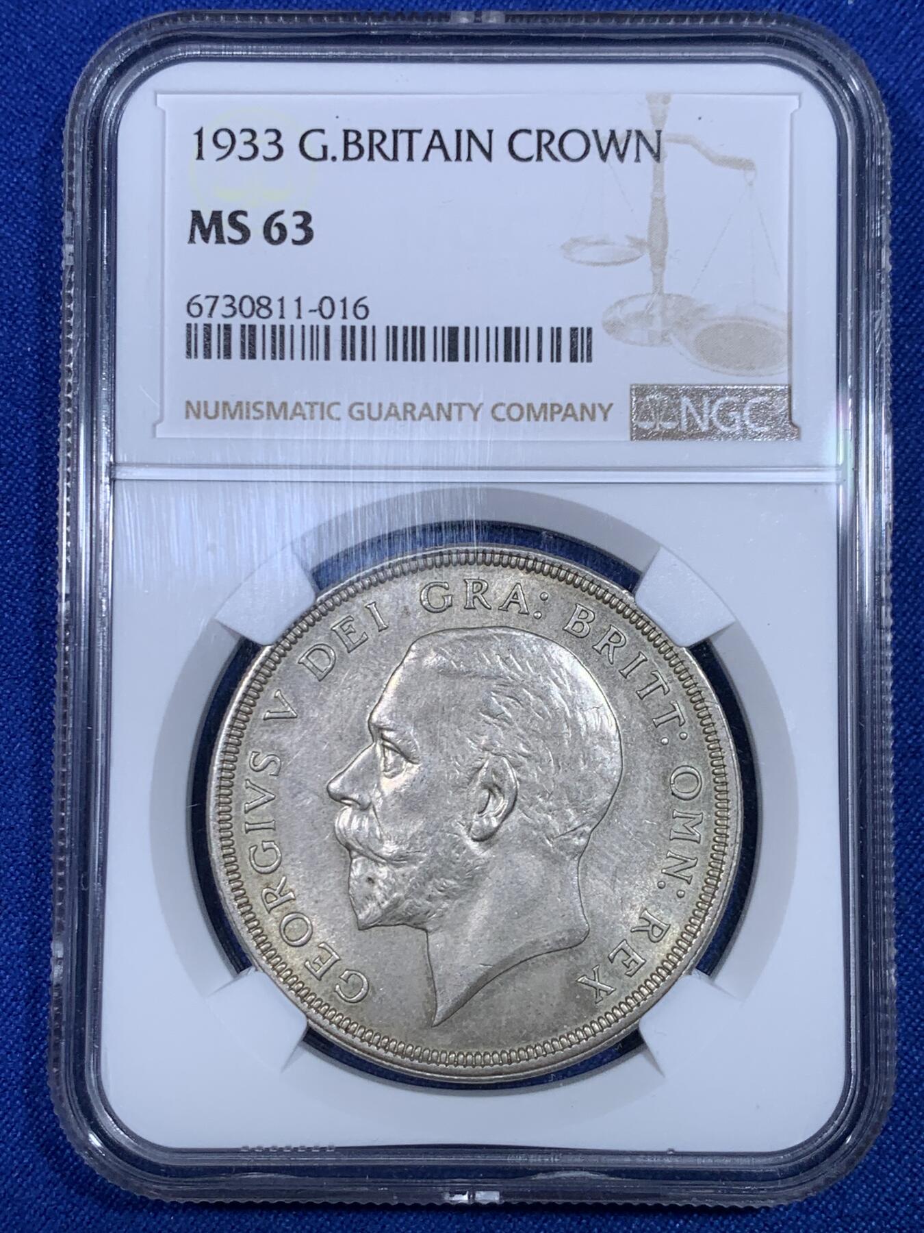 《竞宝斋》第269场- 周日，周一，周二  3场连拍 （全场包邮） NGC MS63 英国 1933年 乔治五世花冠 克朗 银币