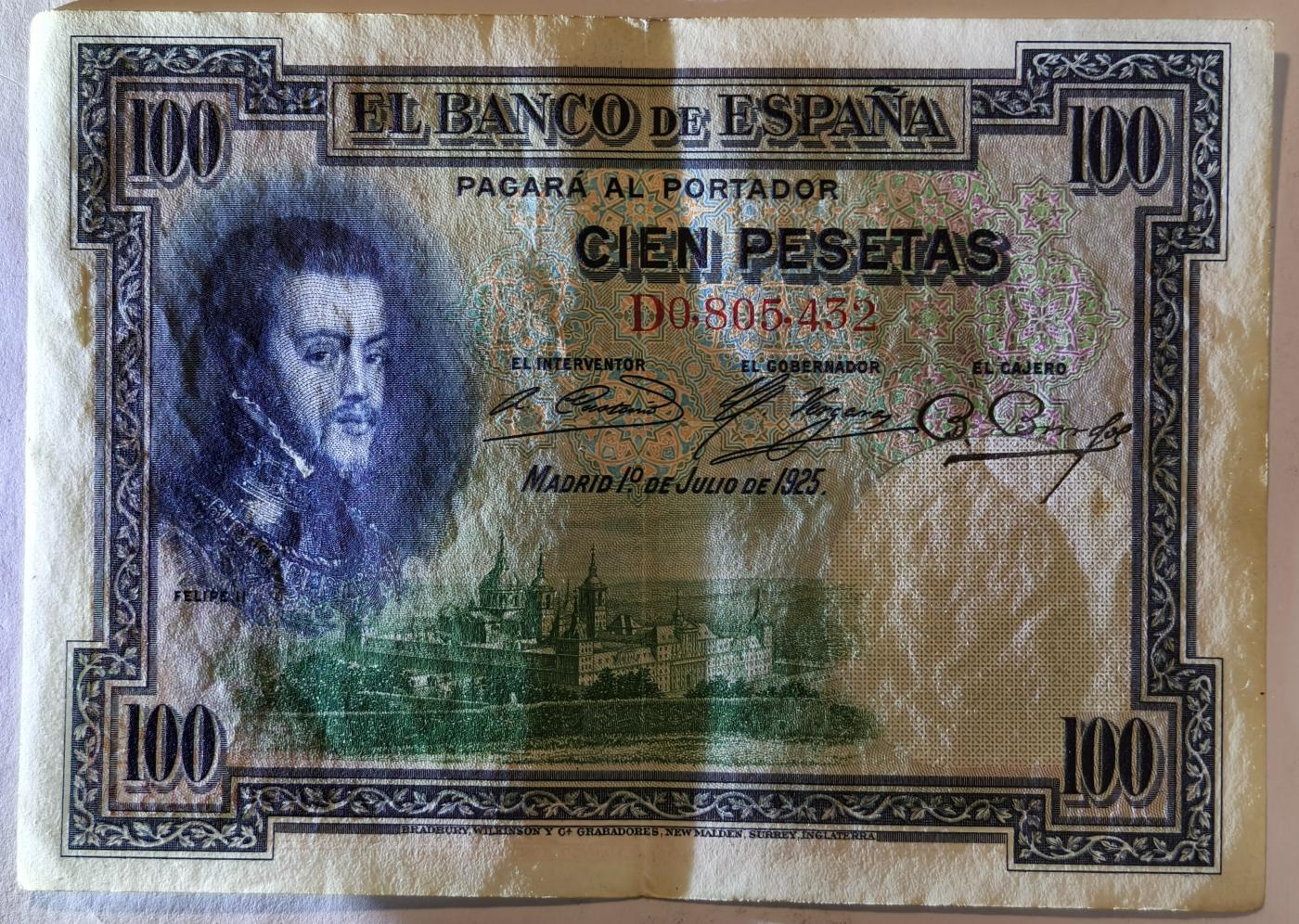 紫瑗钱币——第351期拍卖——纸币场 西班牙 1925年 油画《腓力二世的座椅》 100比塞塔 AU