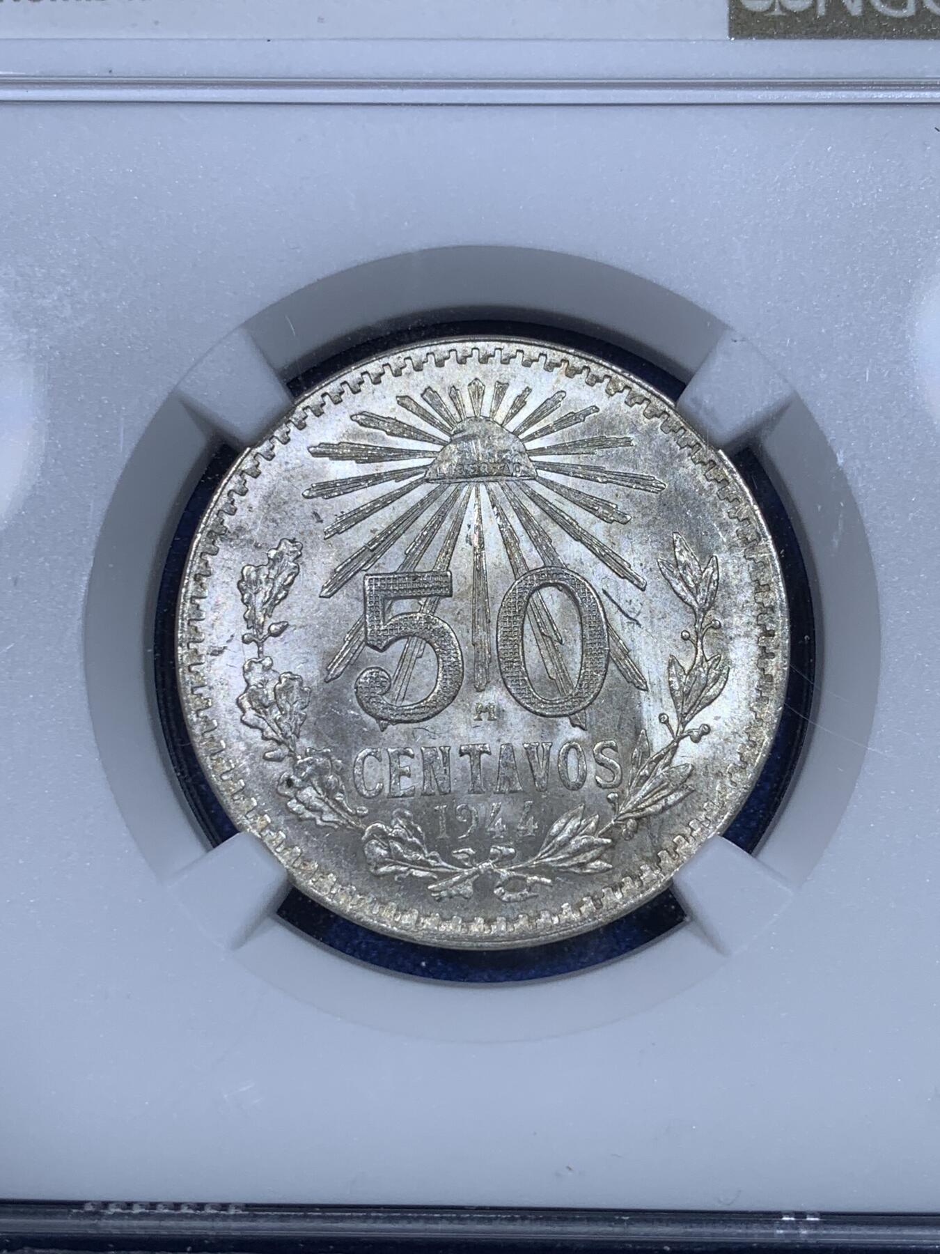 《竞宝斋》第269场- 周日，周一，周二  3场连拍 （全场包邮） NGC MS65 墨西哥 1944年 50分 银币